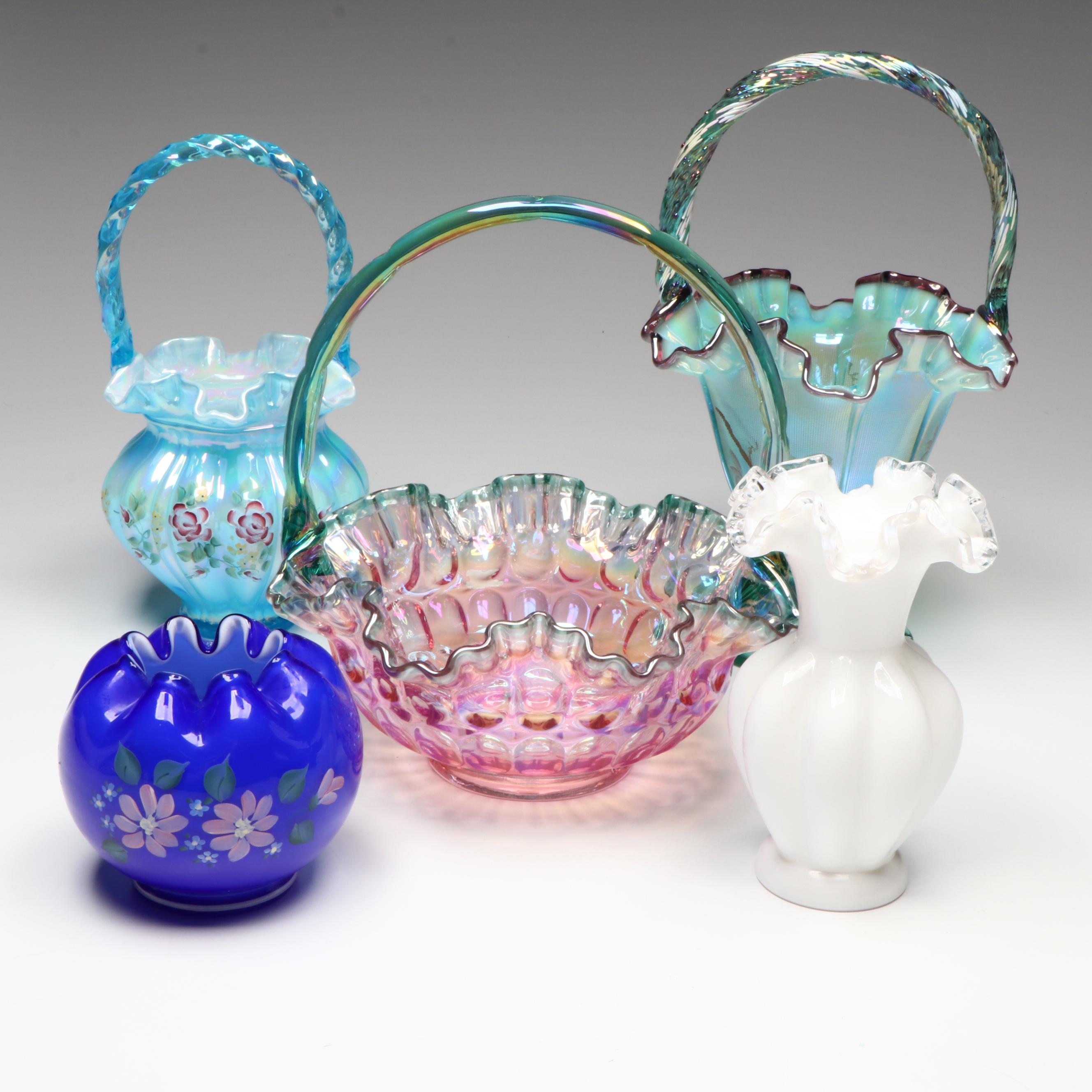 Fenton Hand-Painted Iridescent Glass Basket Vases with Other Glass Vases