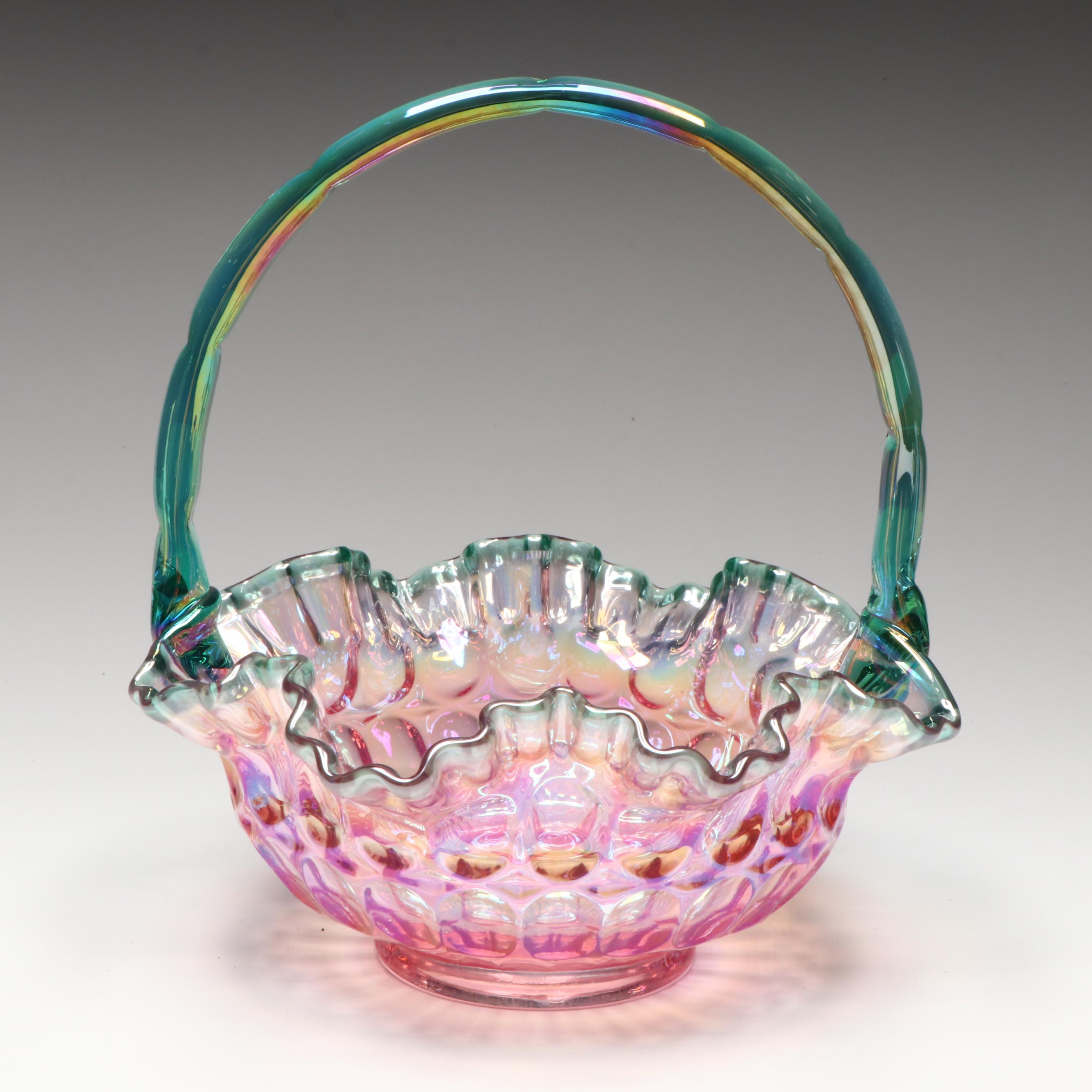 Fenton Hand-Painted Iridescent Glass Basket Vases with Other Glass Vases