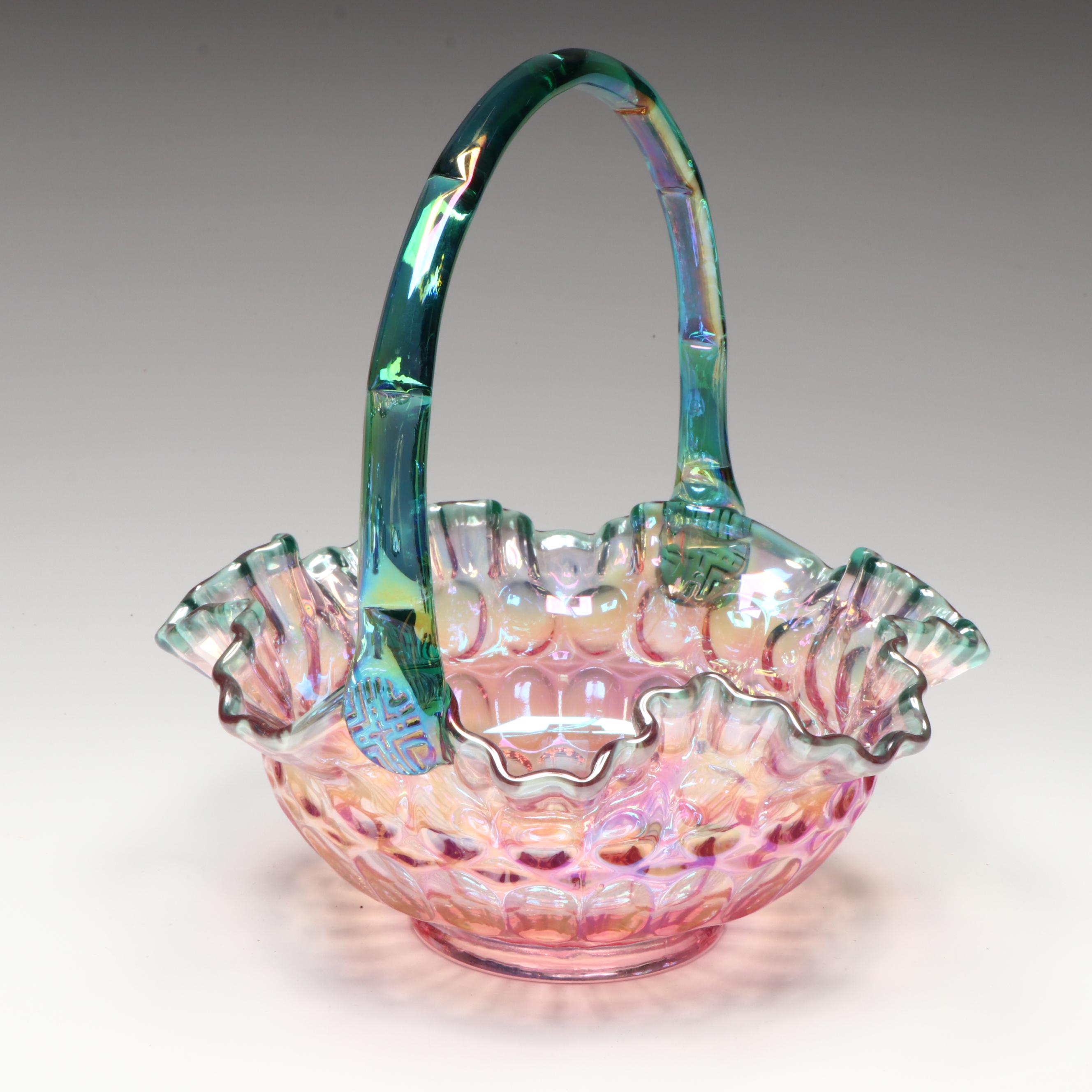 Fenton Hand-Painted Iridescent Glass Basket Vases with Other Glass Vases