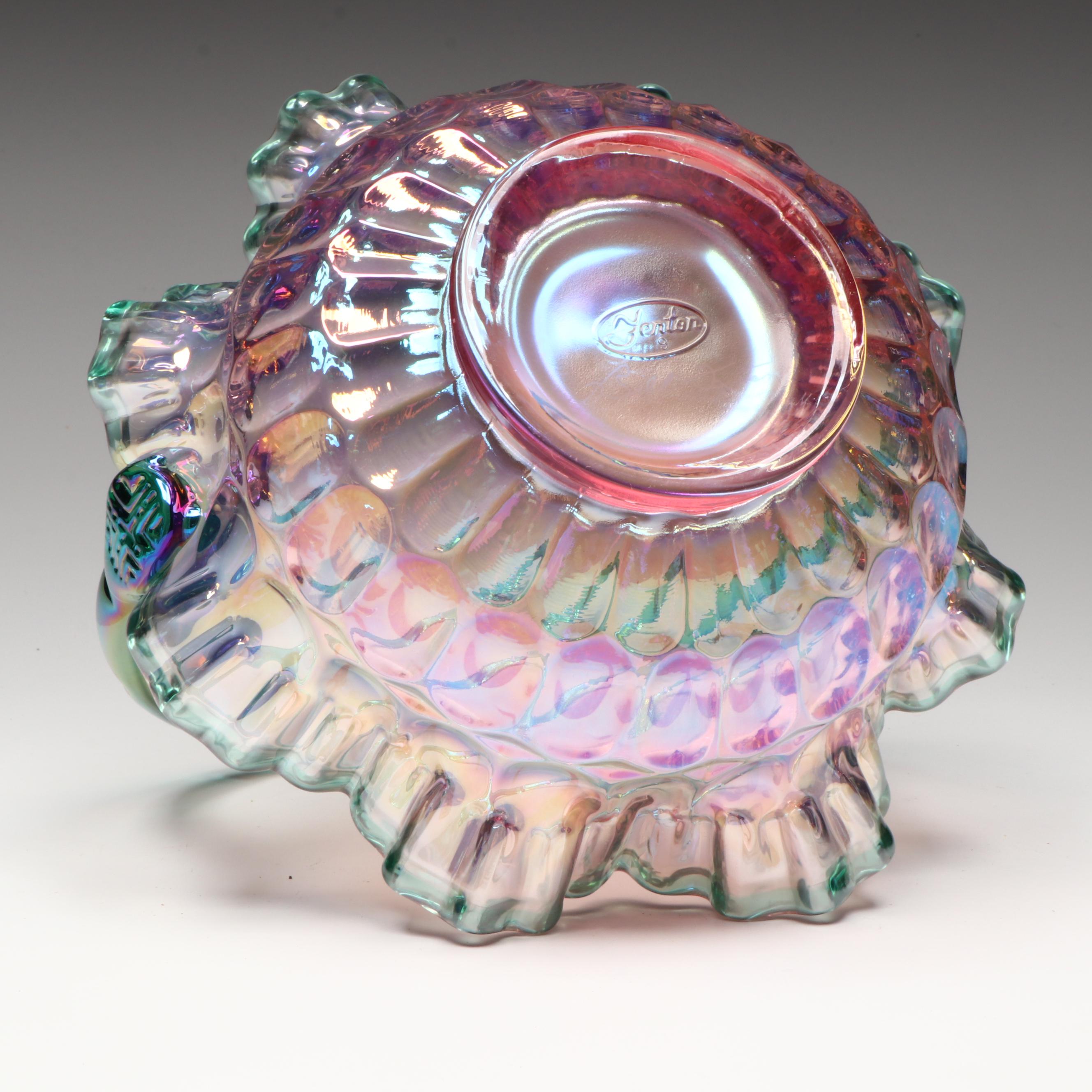 Fenton Hand-Painted Iridescent Glass Basket Vases with Other Glass Vases