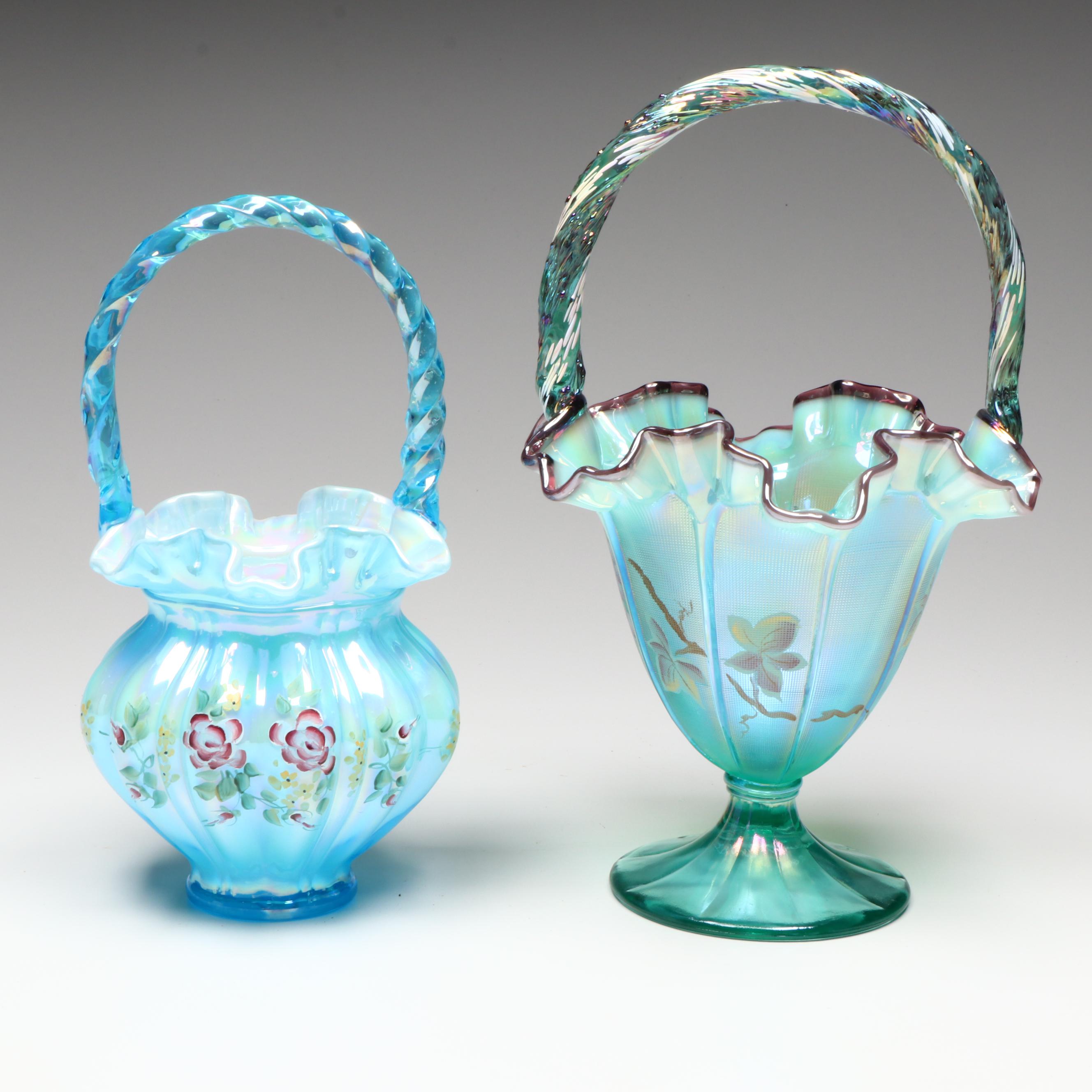 Fenton Hand-Painted Iridescent Glass Basket Vases with Other Glass Vases