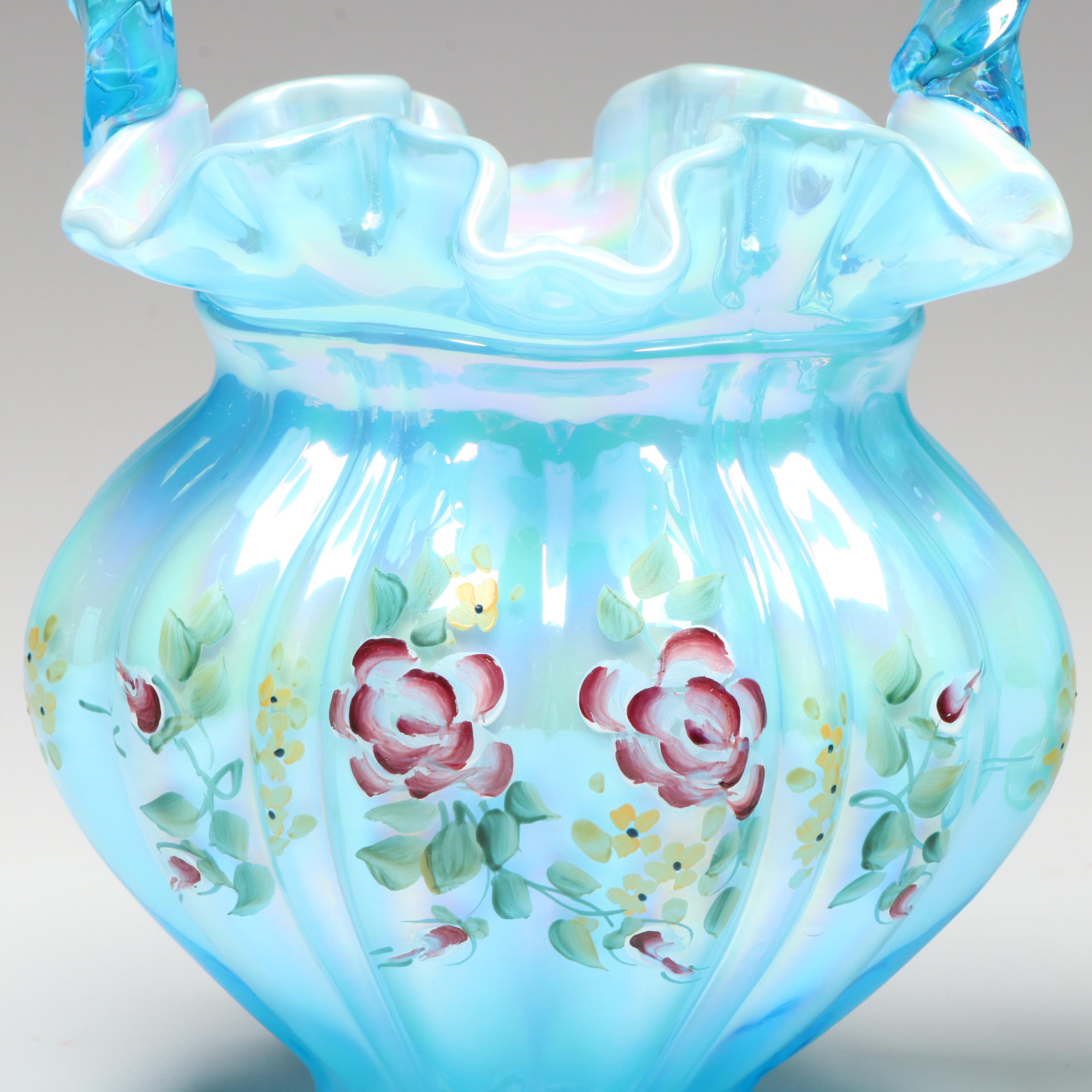 Fenton Hand-Painted Iridescent Glass Basket Vases with Other Glass Vases