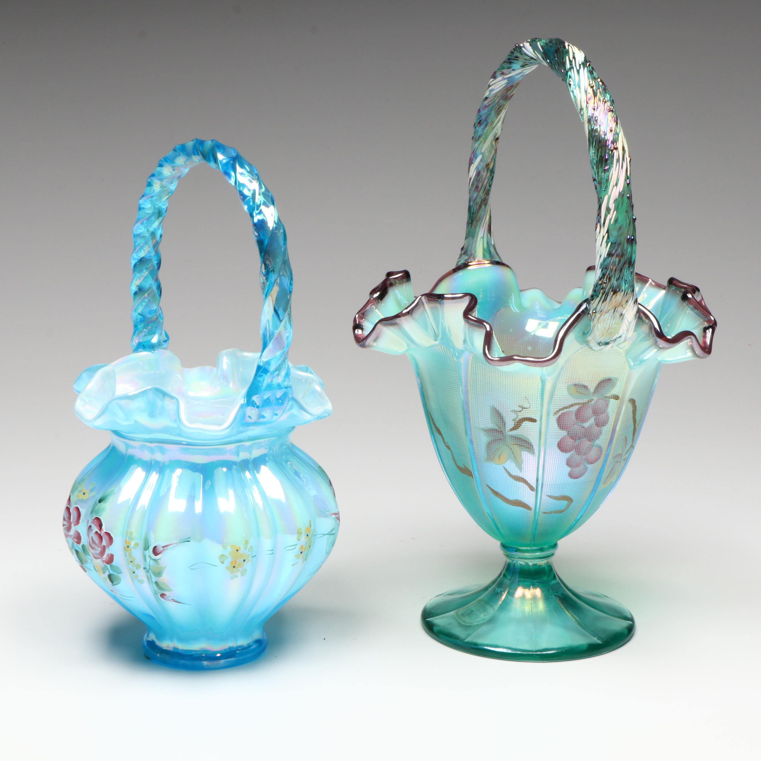Fenton Hand-Painted Iridescent Glass Basket Vases with Other Glass Vases