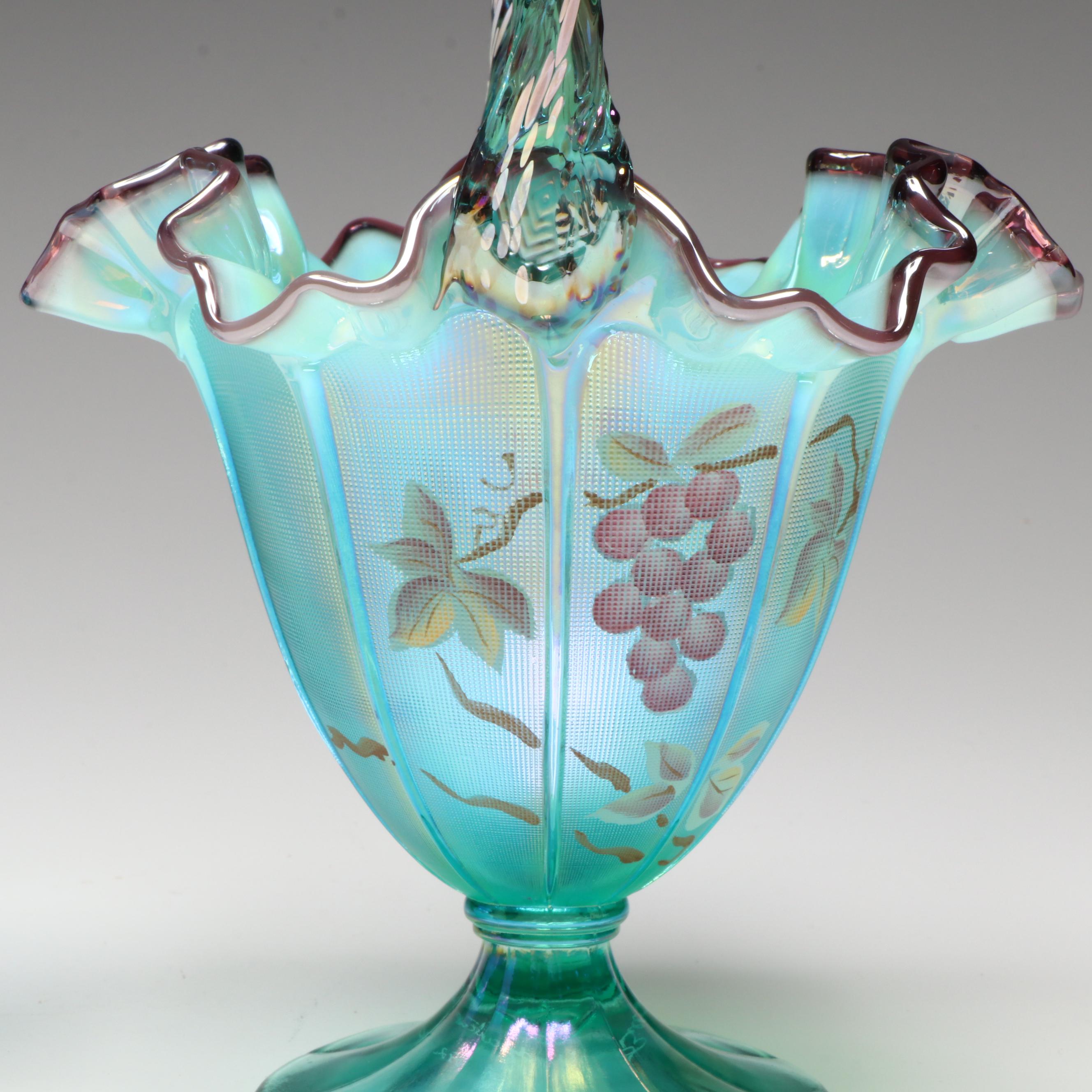 Fenton Hand-Painted Iridescent Glass Basket Vases with Other Glass Vases