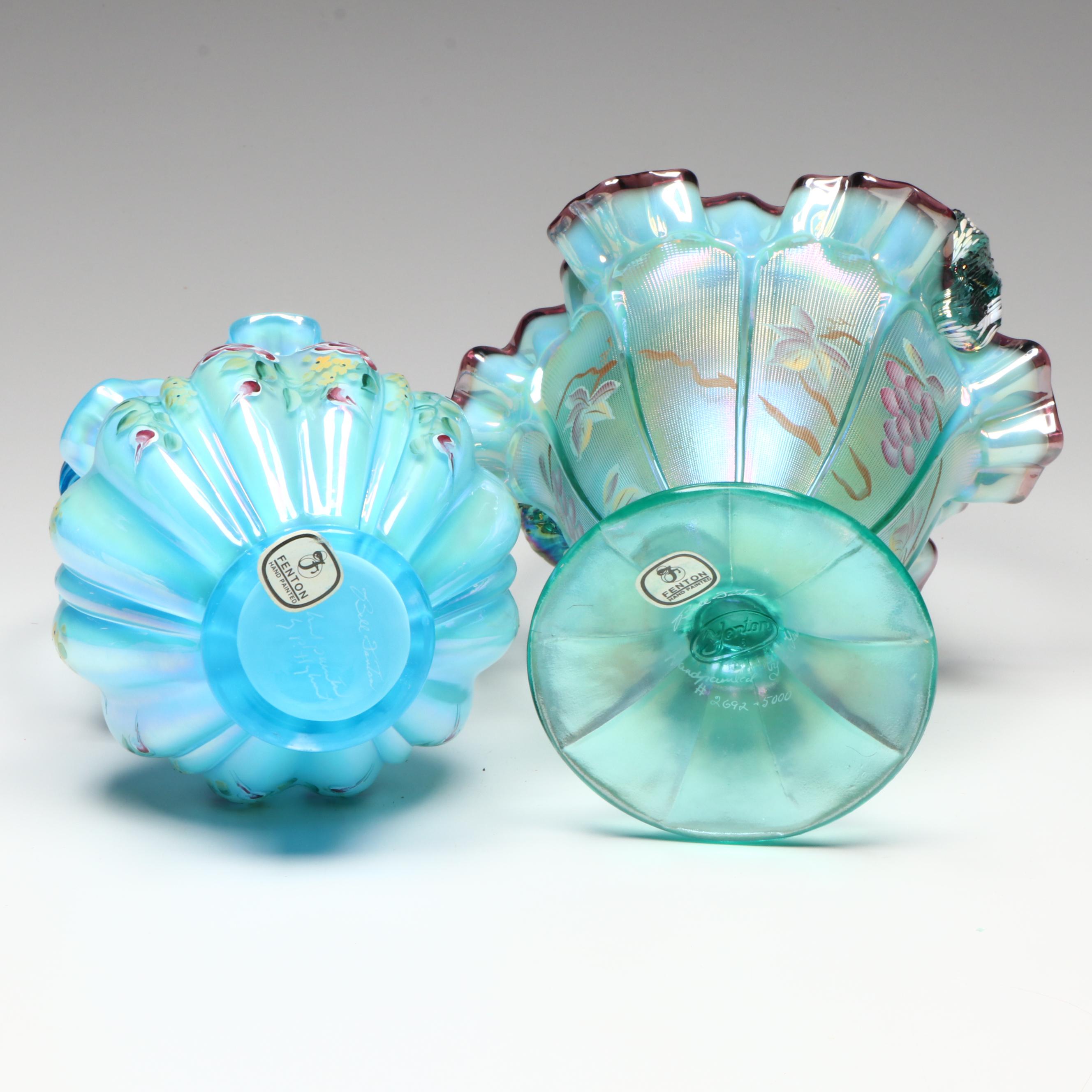 Fenton Hand-Painted Iridescent Glass Basket Vases with Other Glass Vases