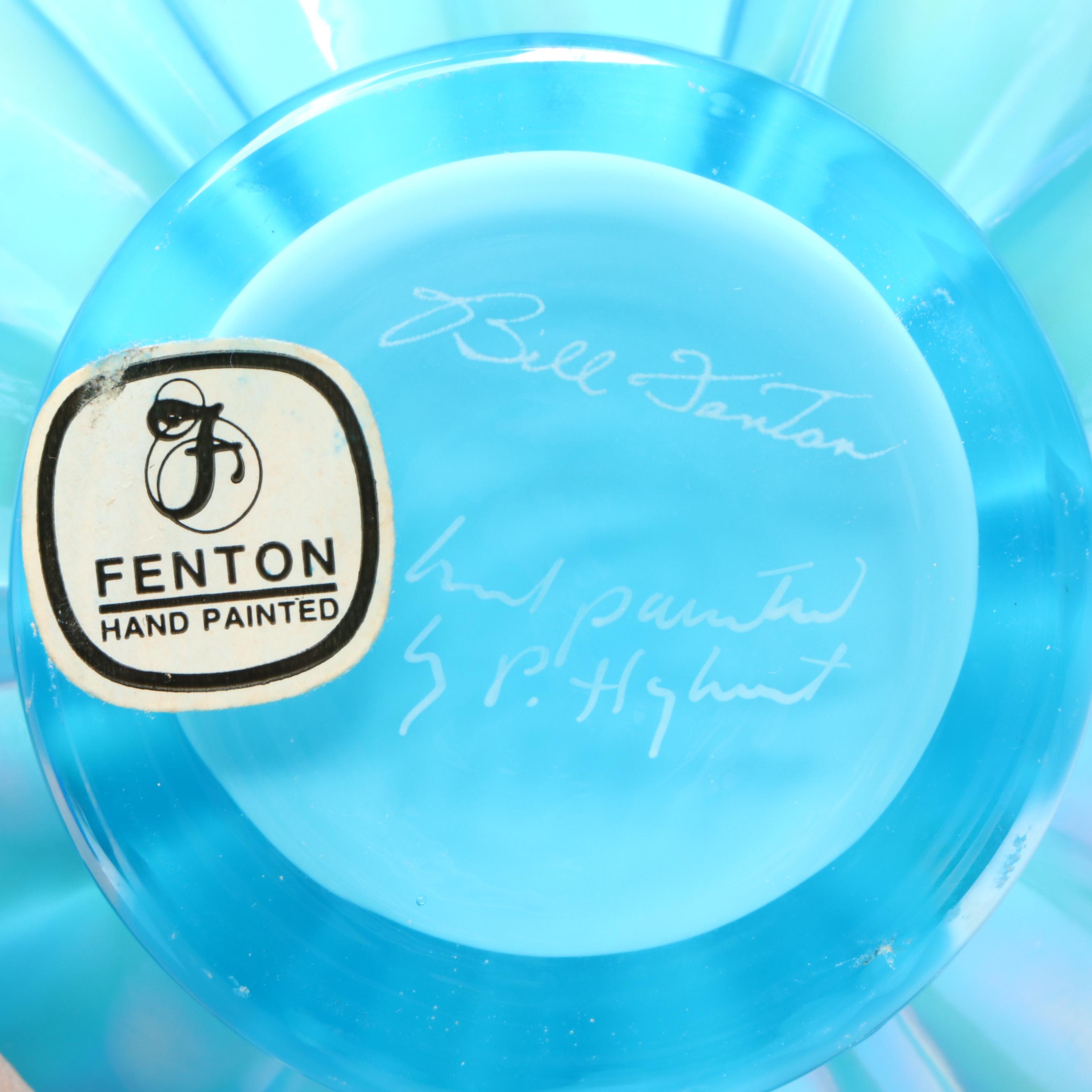 Fenton Hand-Painted Iridescent Glass Basket Vases with Other Glass Vases