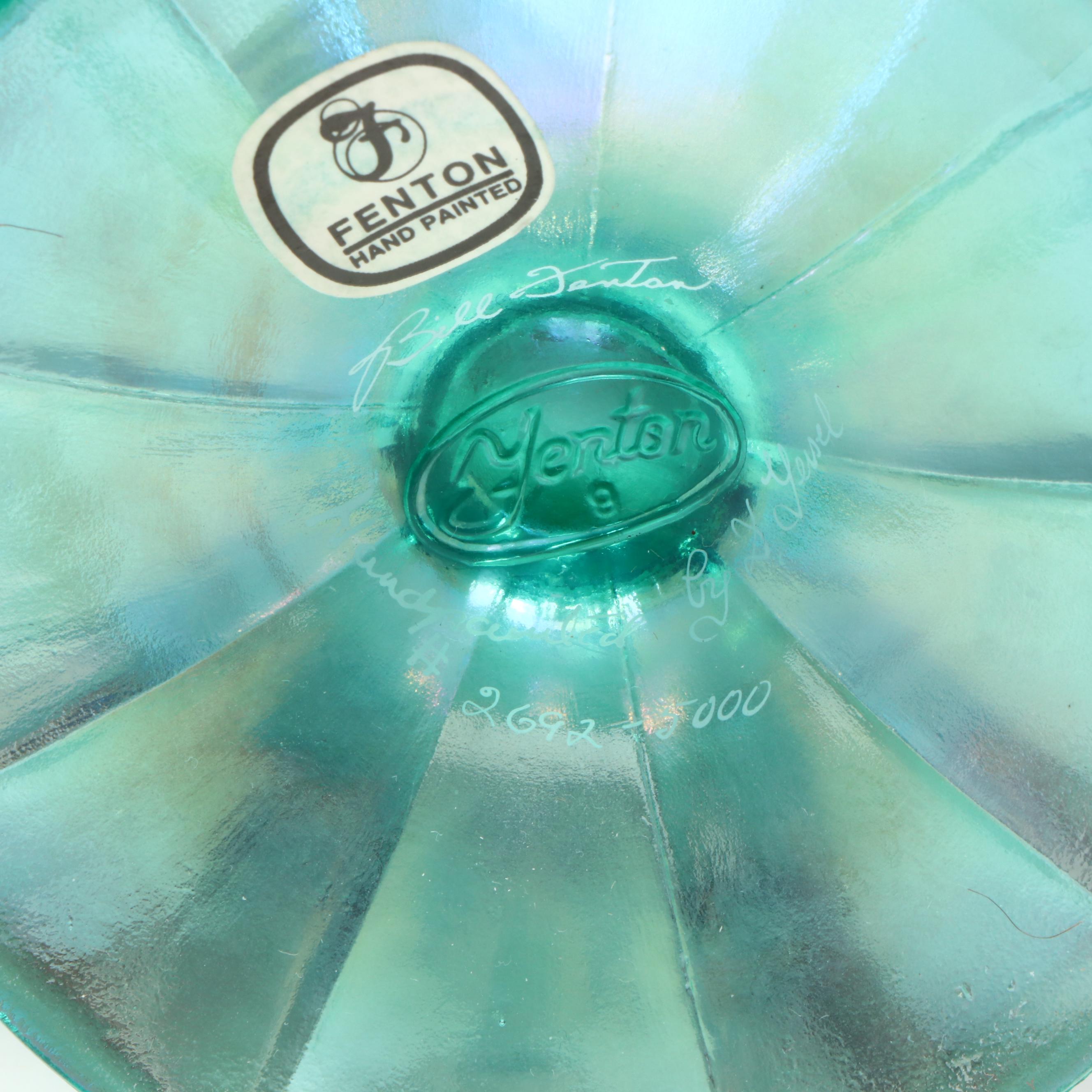 Fenton Hand-Painted Iridescent Glass Basket Vases with Other Glass Vases