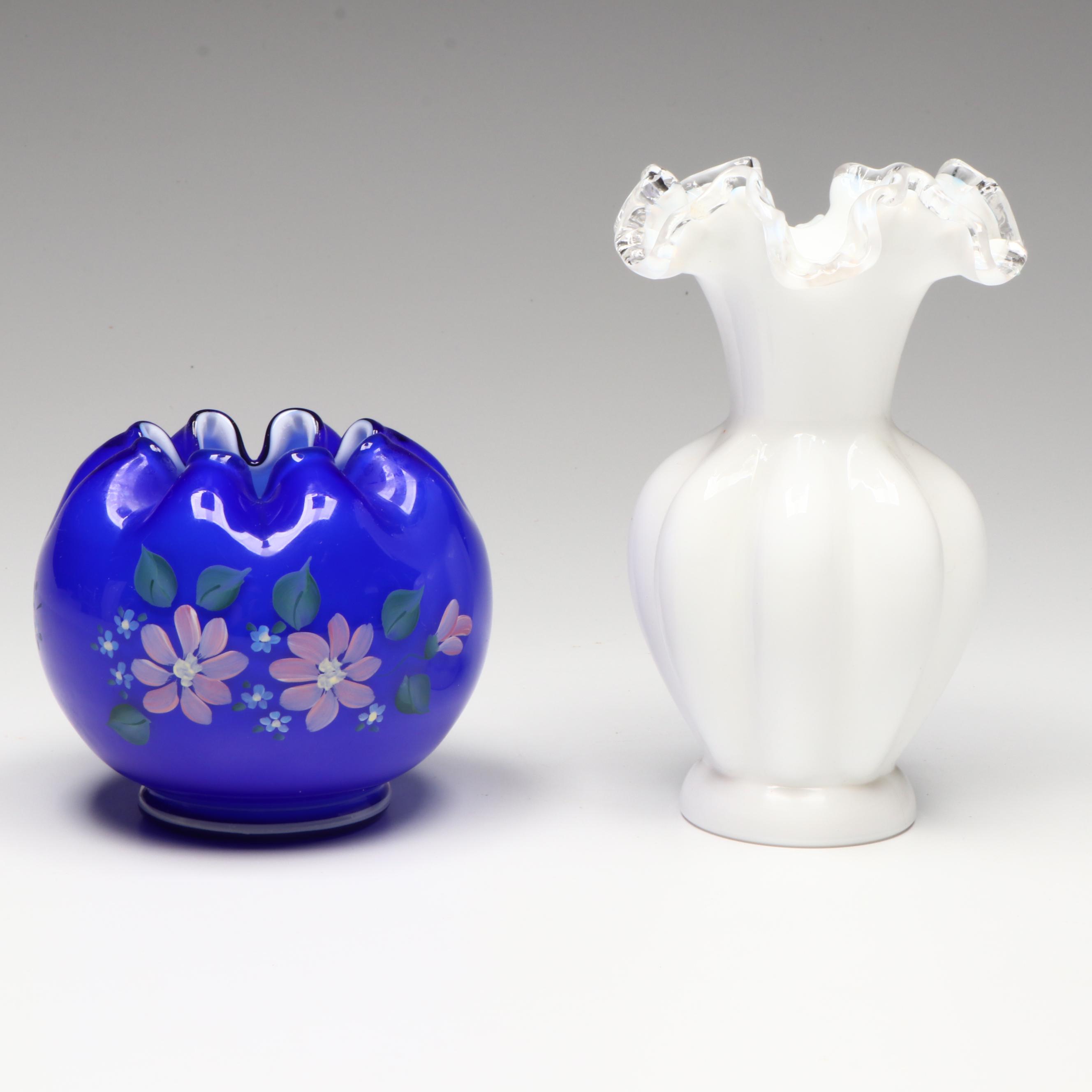 Fenton Hand-Painted Iridescent Glass Basket Vases with Other Glass Vases