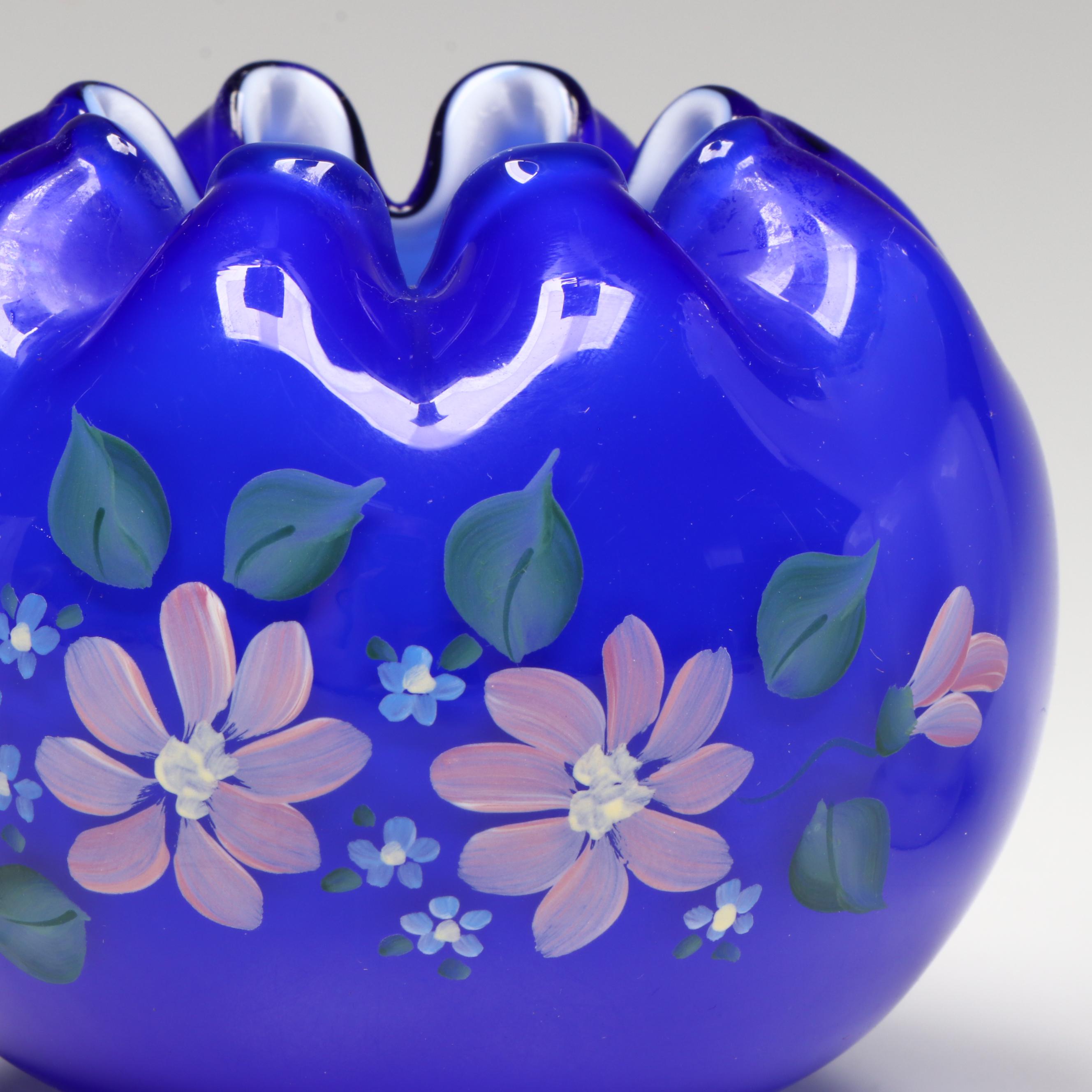 Fenton Hand-Painted Iridescent Glass Basket Vases with Other Glass Vases