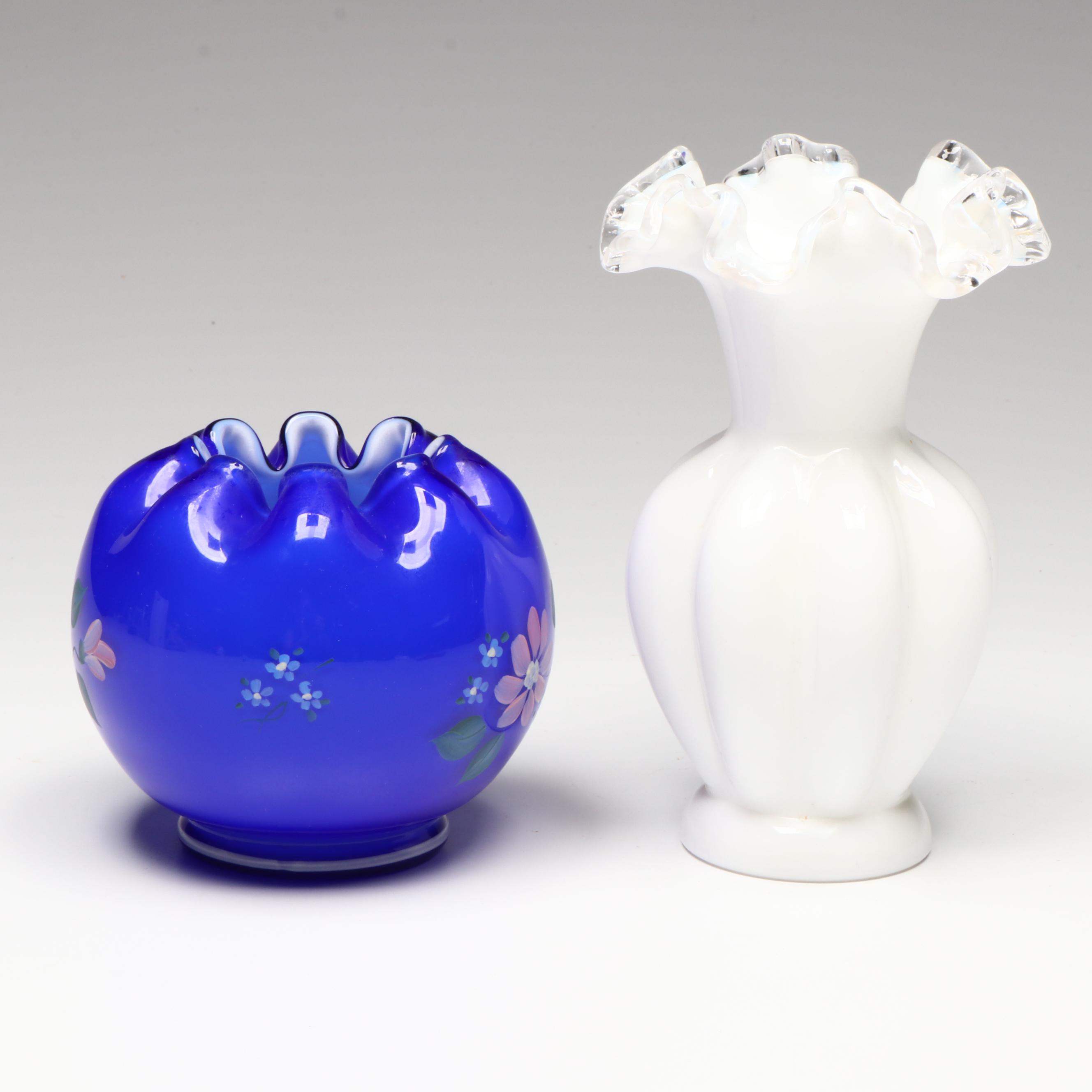 Fenton Hand-Painted Iridescent Glass Basket Vases with Other Glass Vases