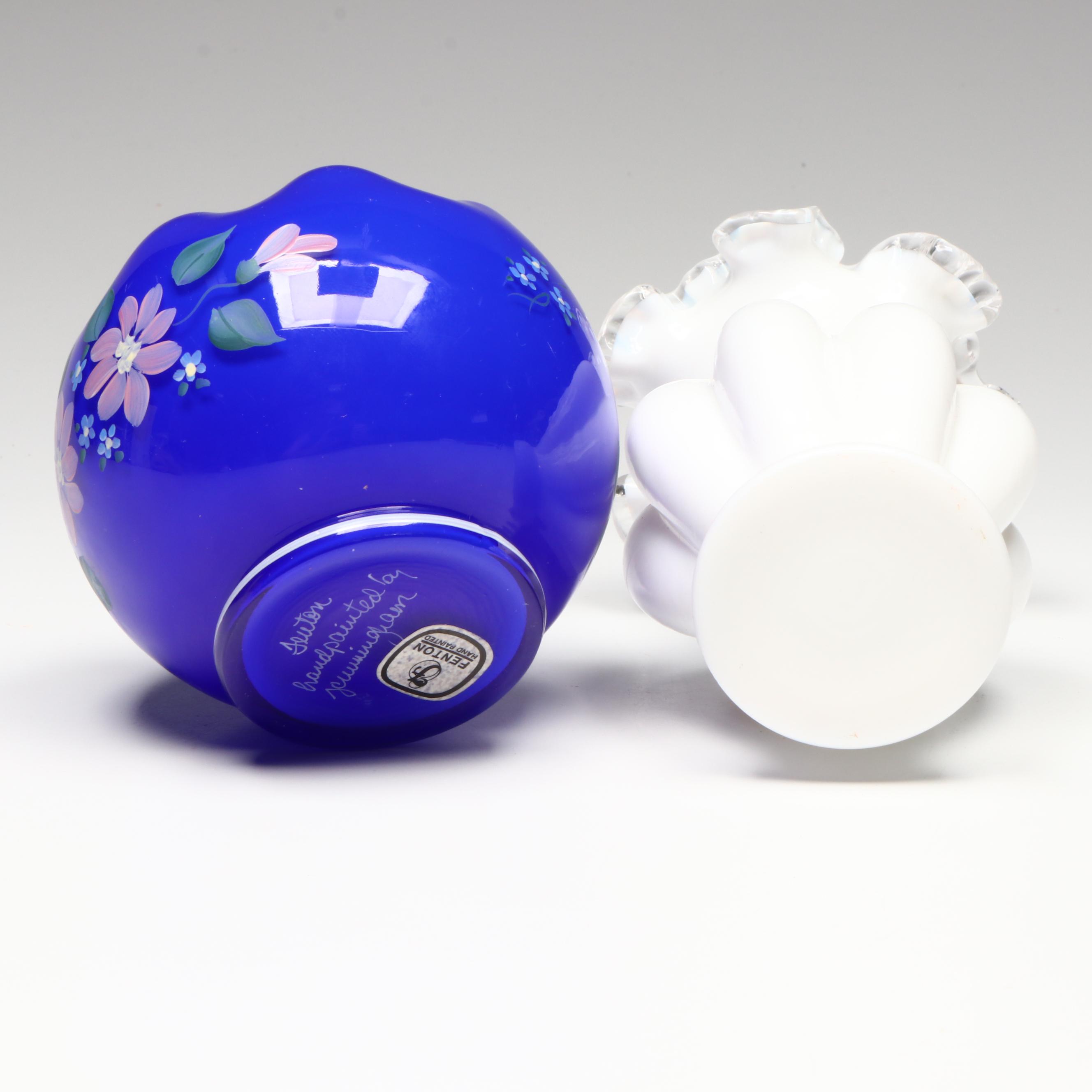 Fenton Hand-Painted Iridescent Glass Basket Vases with Other Glass Vases