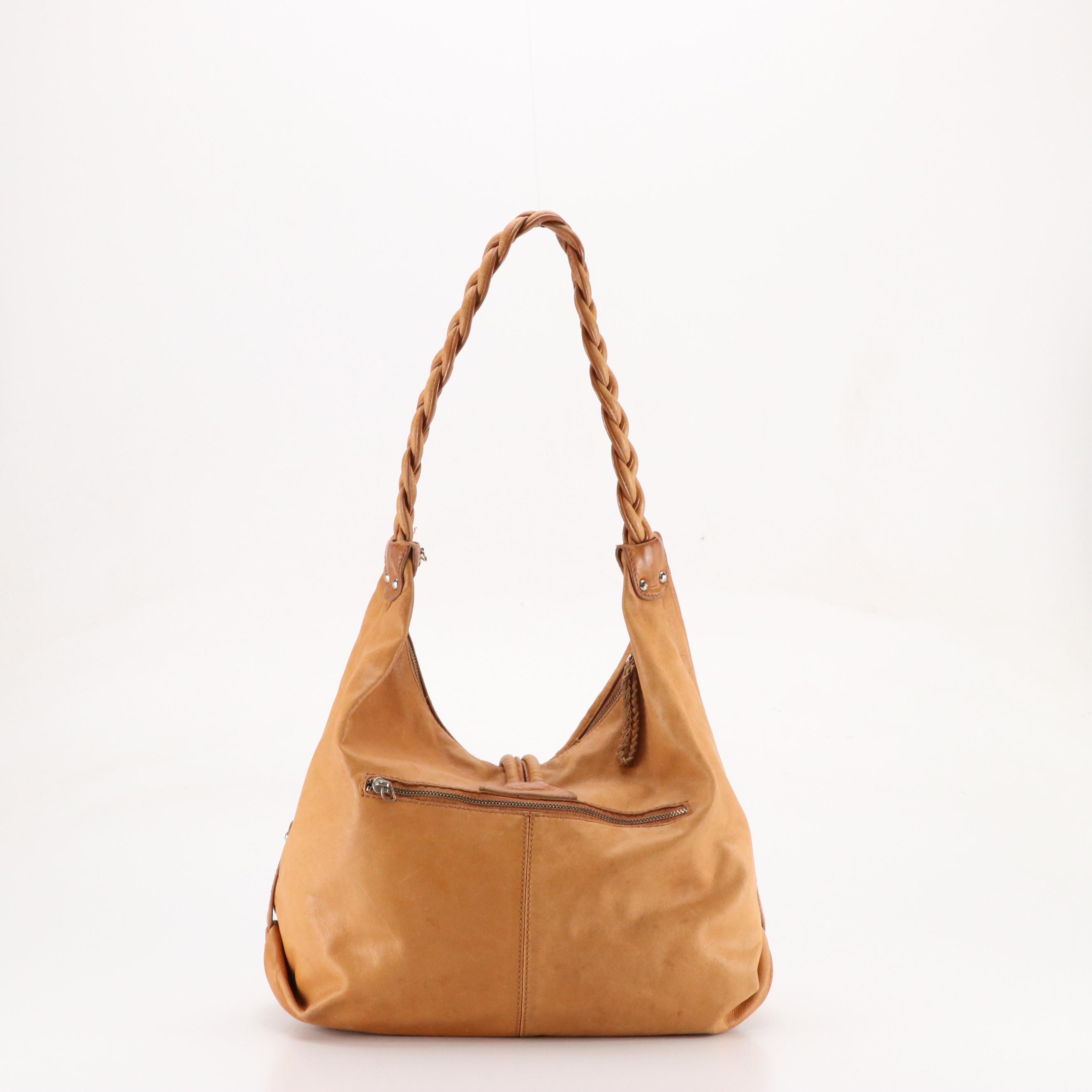 Vintage Chestnut Leather Hobo Shoulder Bag with Braided Strap