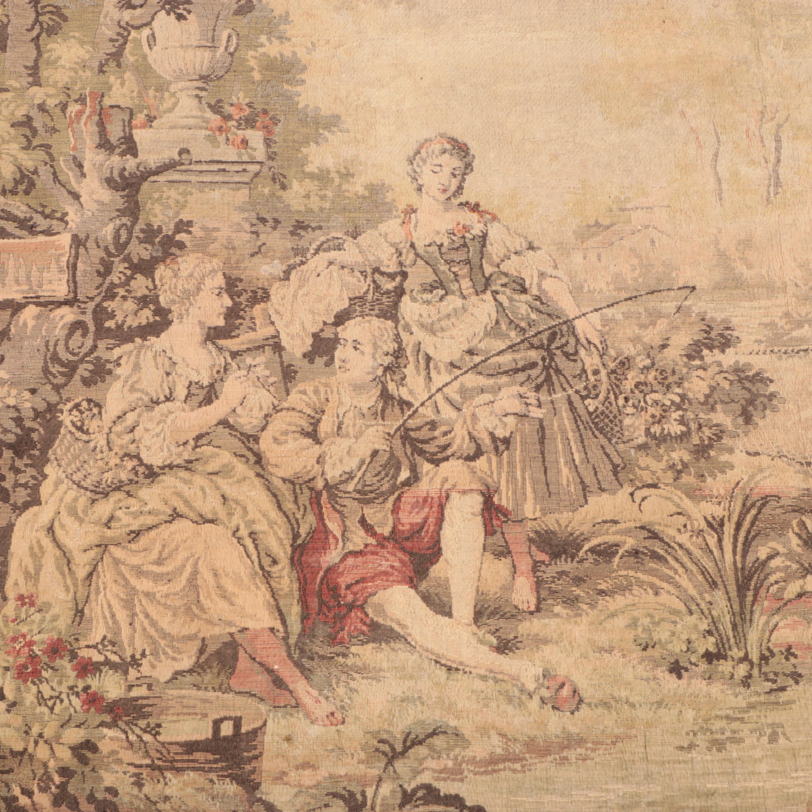 Rococo Style Outdoor Scene Woven Tapestry with Ornamented Hanging Rod