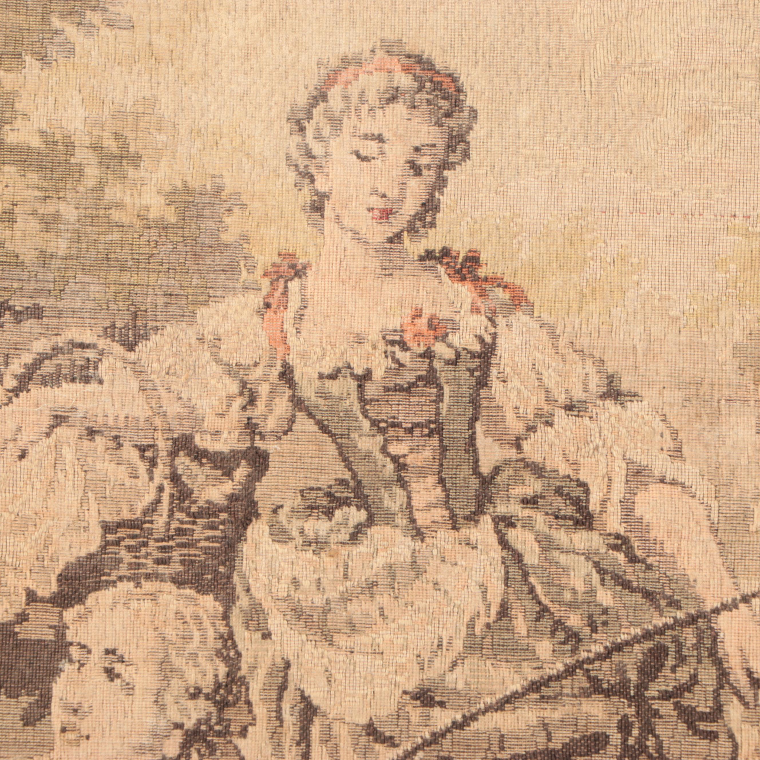 Rococo Style Outdoor Scene Woven Tapestry with Ornamented Hanging Rod