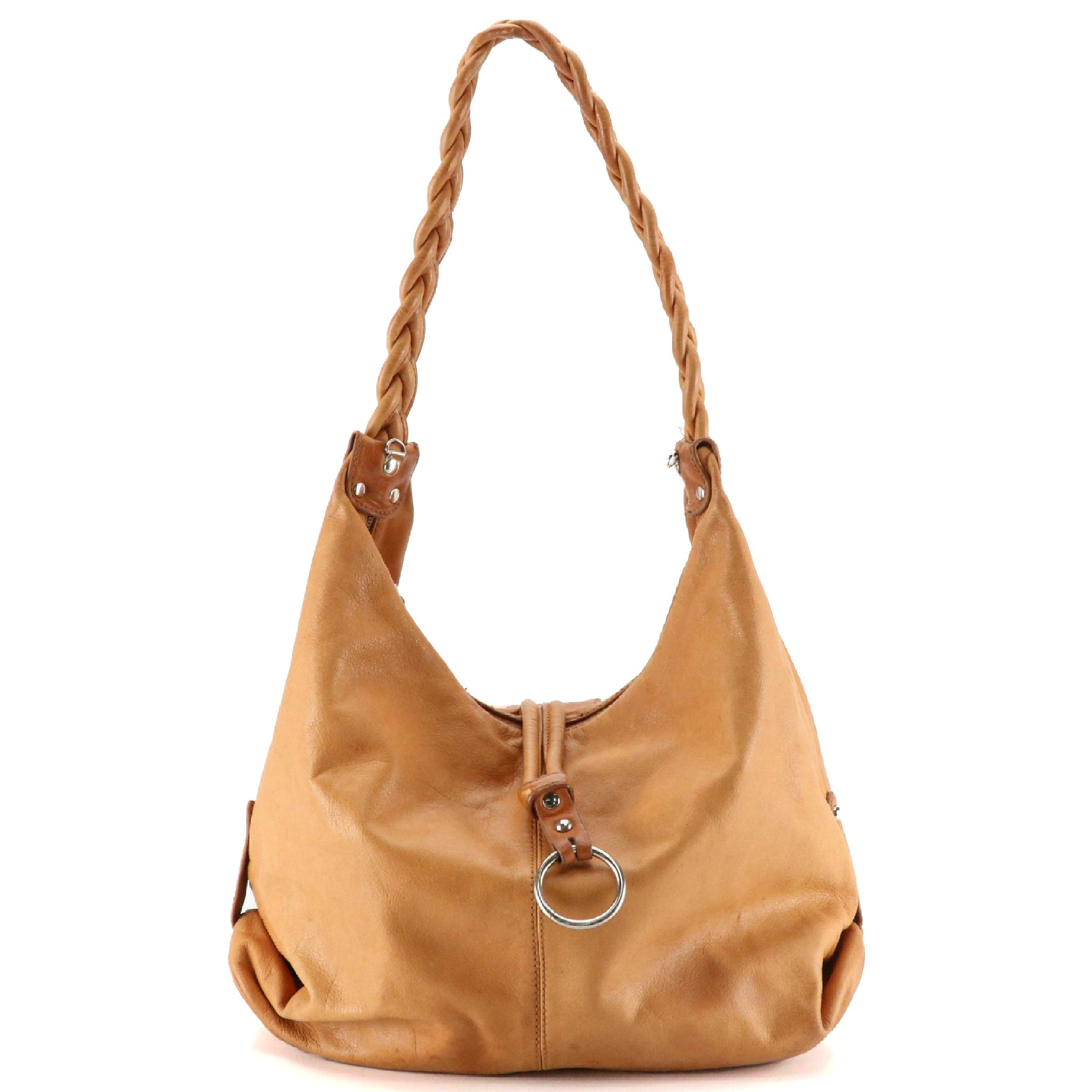 Vintage Chestnut Leather Hobo Shoulder Bag with Braided Strap