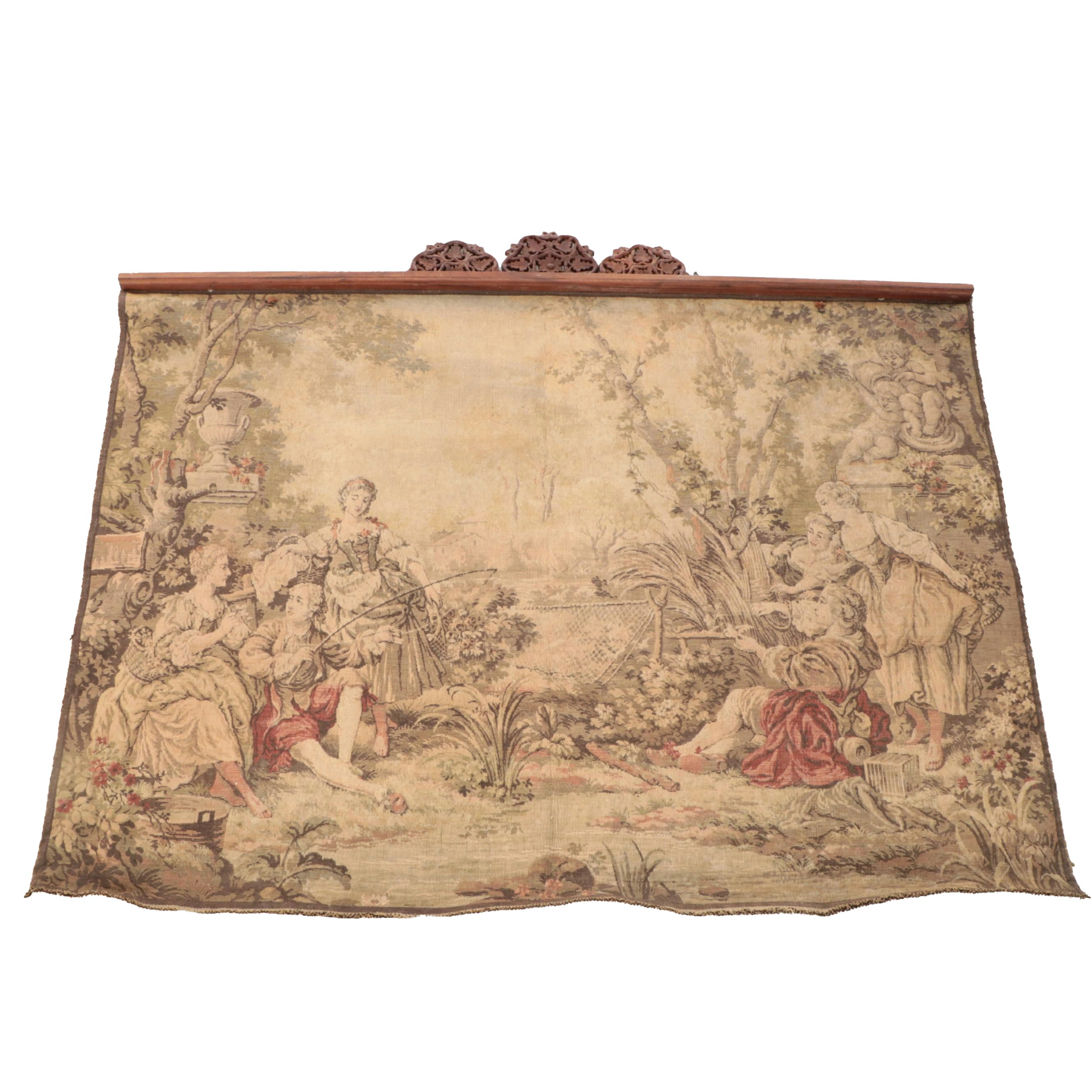 Rococo Style Outdoor Scene Woven Tapestry with Ornamented Hanging Rod