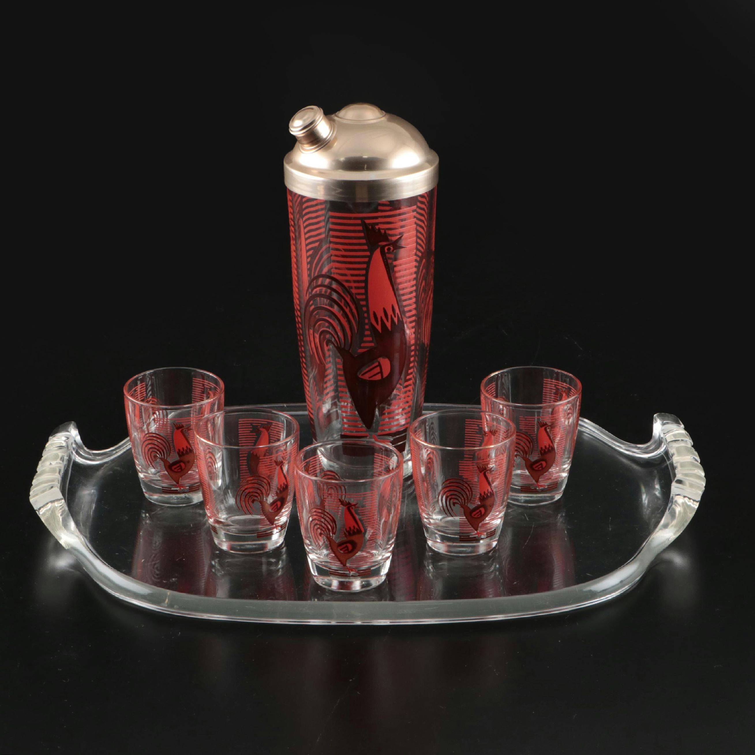Dyball "Rooster" Glass Cocktail Shaker and Glasses with Other Plastic Tray