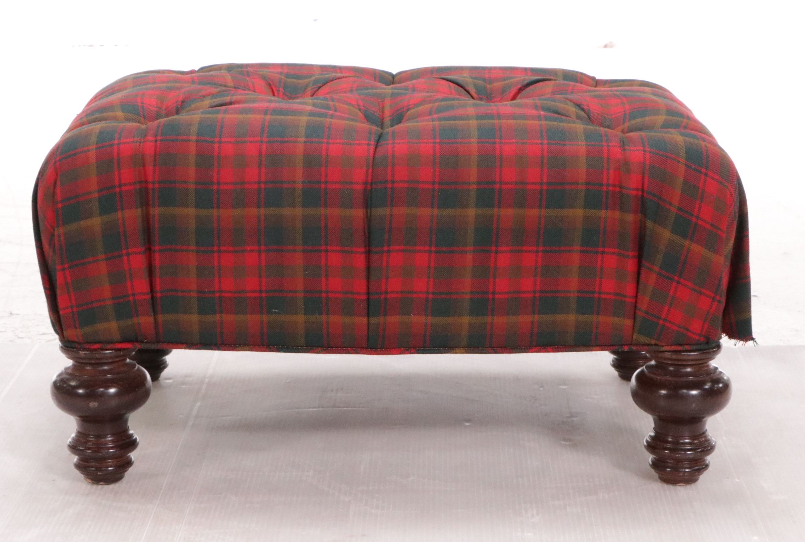 Lounge Chair and Ottoman with Button Tufted Tartan Plaid Upholstery