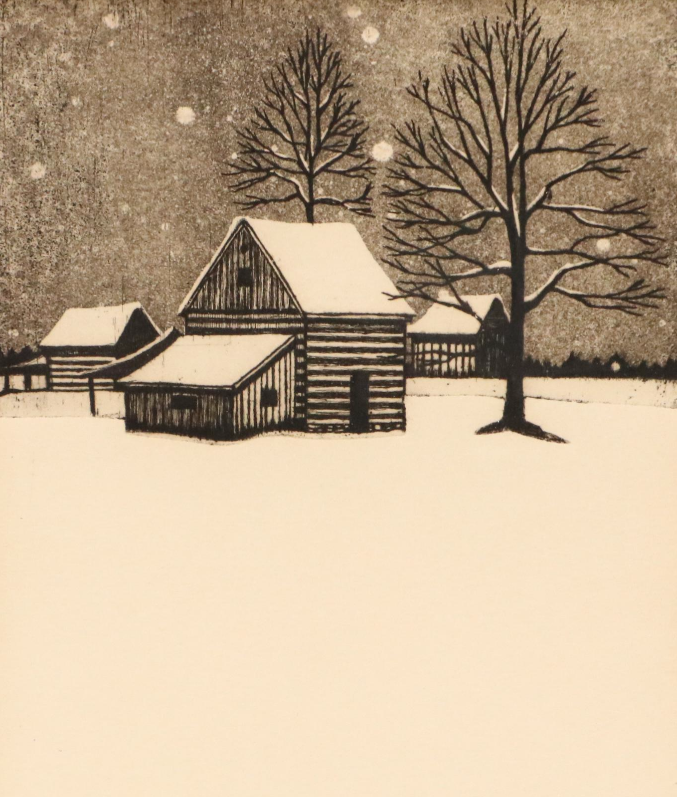 Winter Rural Landscape Etching "Snow Storm," 1976