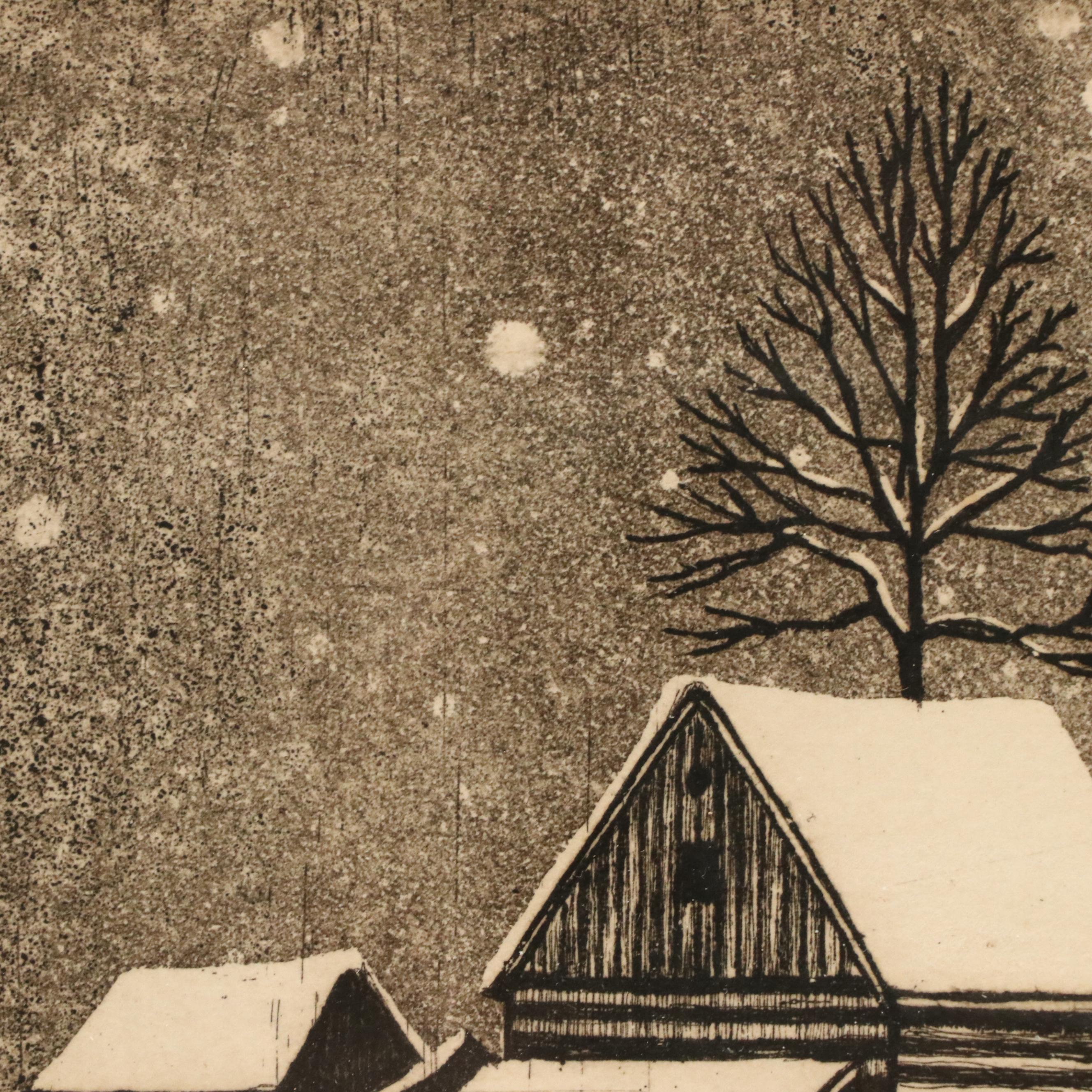 Winter Rural Landscape Etching "Snow Storm," 1976
