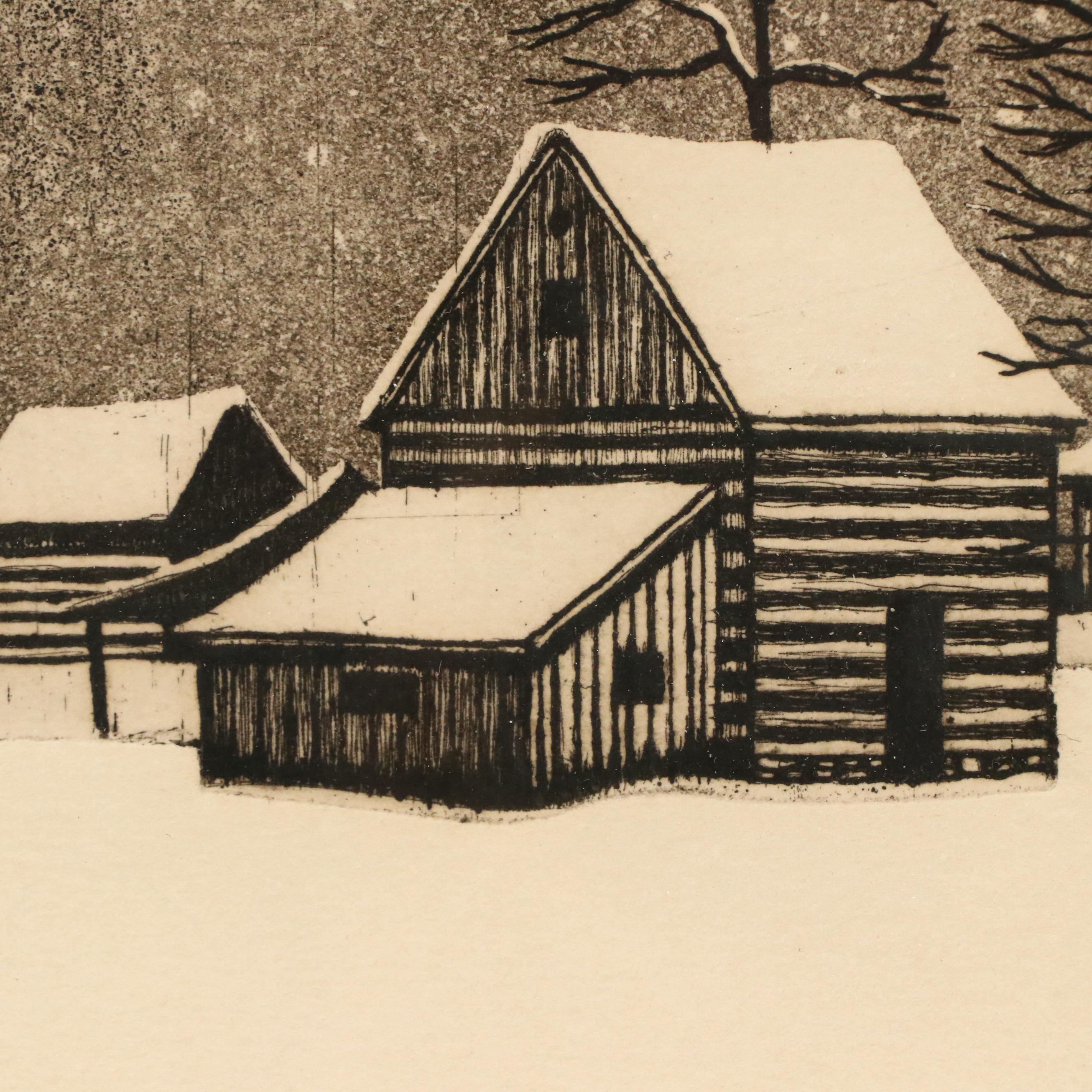 Winter Rural Landscape Etching "Snow Storm," 1976