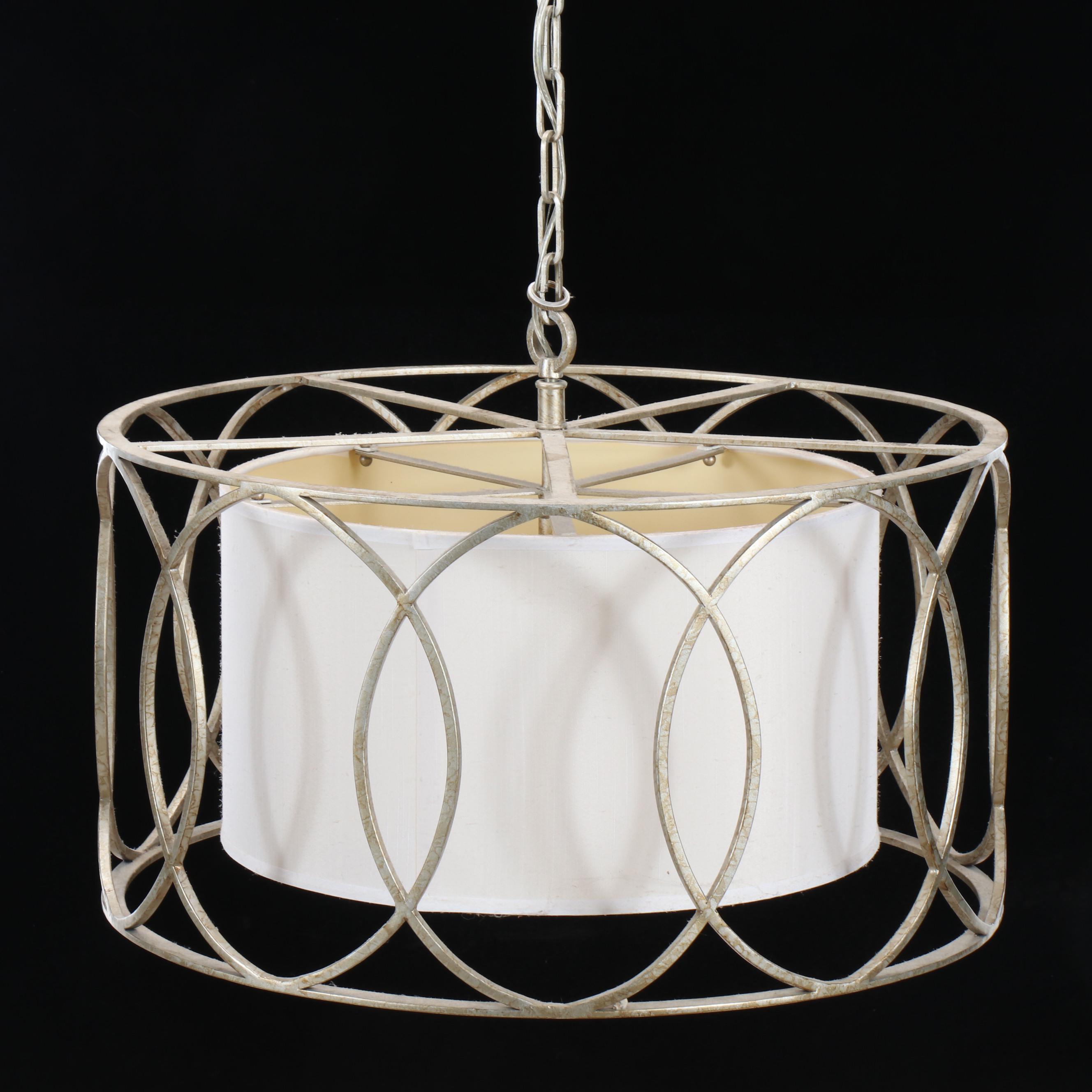 Contemporary Champagne Metal Oval Cagework Pendant with Linen Drum Shade