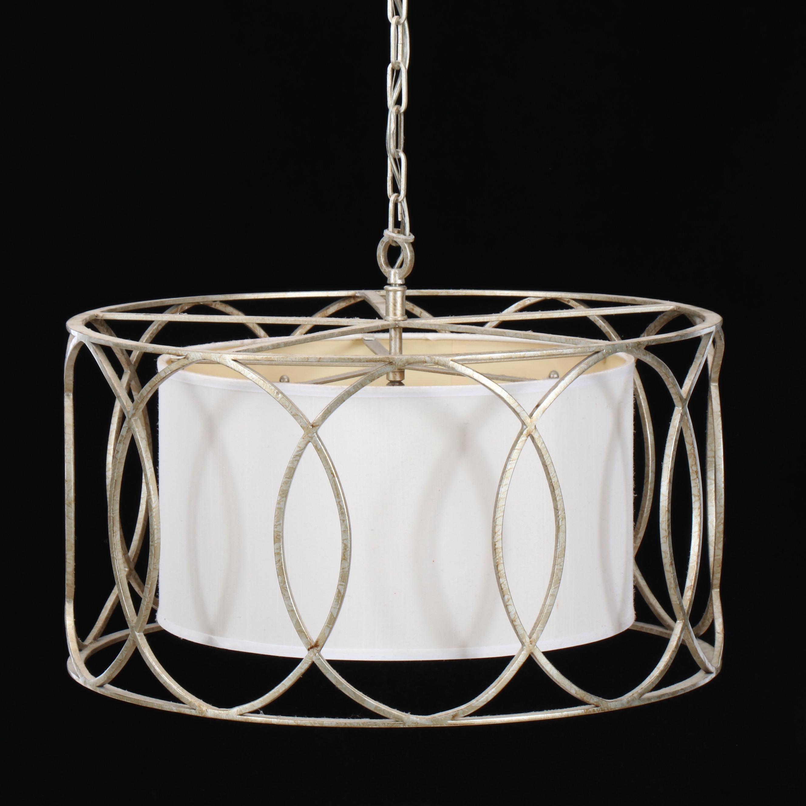 Contemporary Champagne Metal Oval Cagework Pendant with Linen Drum Shade