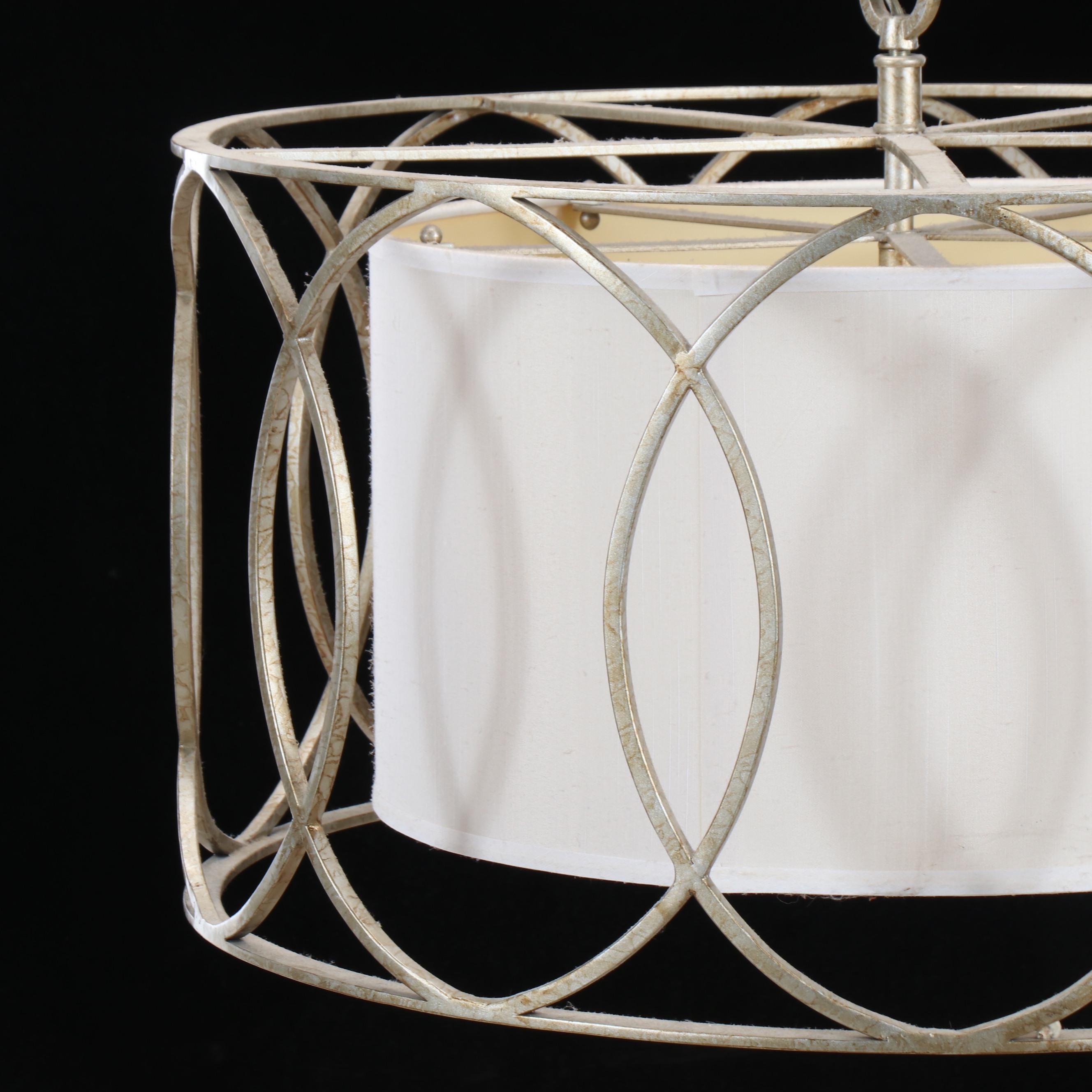Contemporary Champagne Metal Oval Cagework Pendant with Linen Drum Shade
