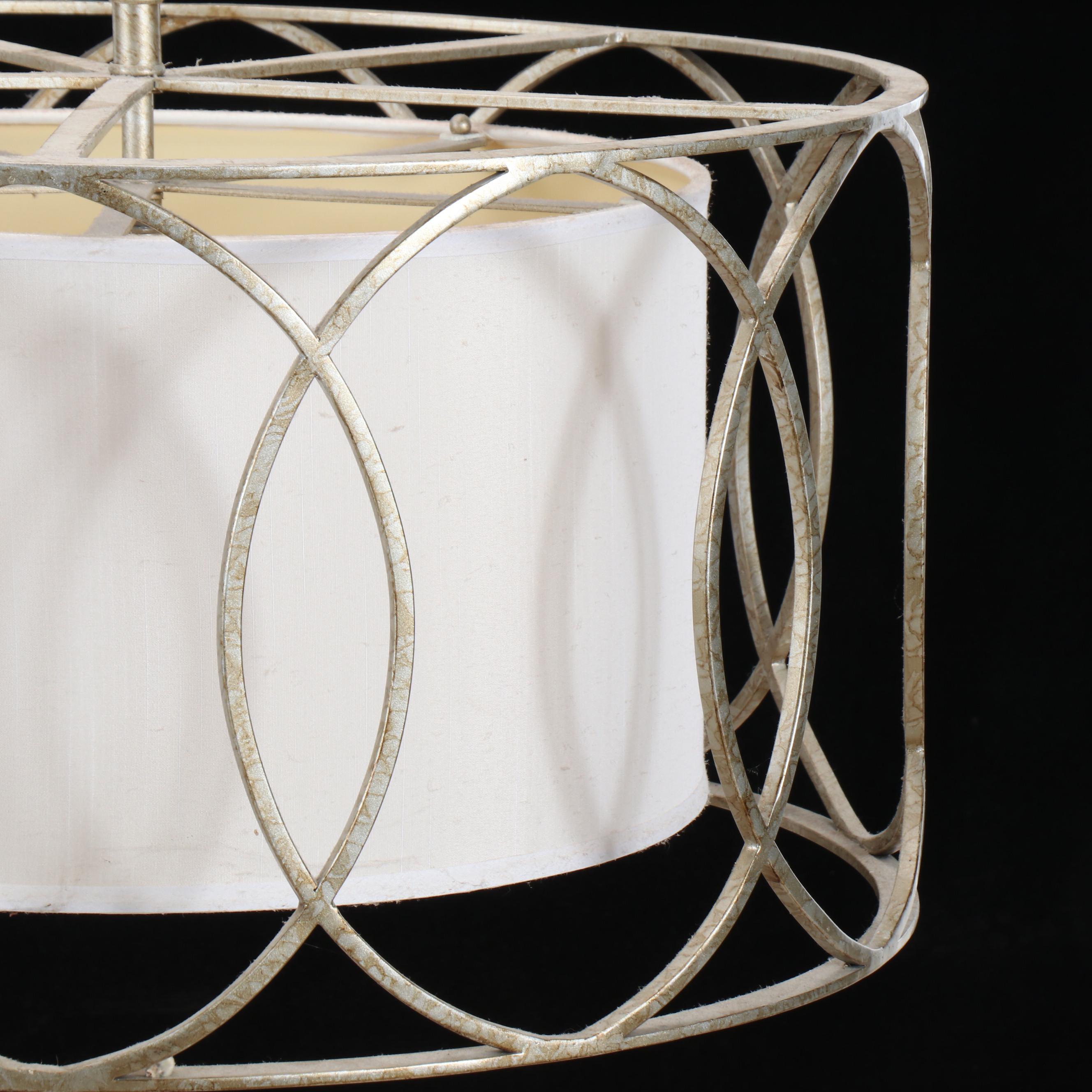 Contemporary Champagne Metal Oval Cagework Pendant with Linen Drum Shade