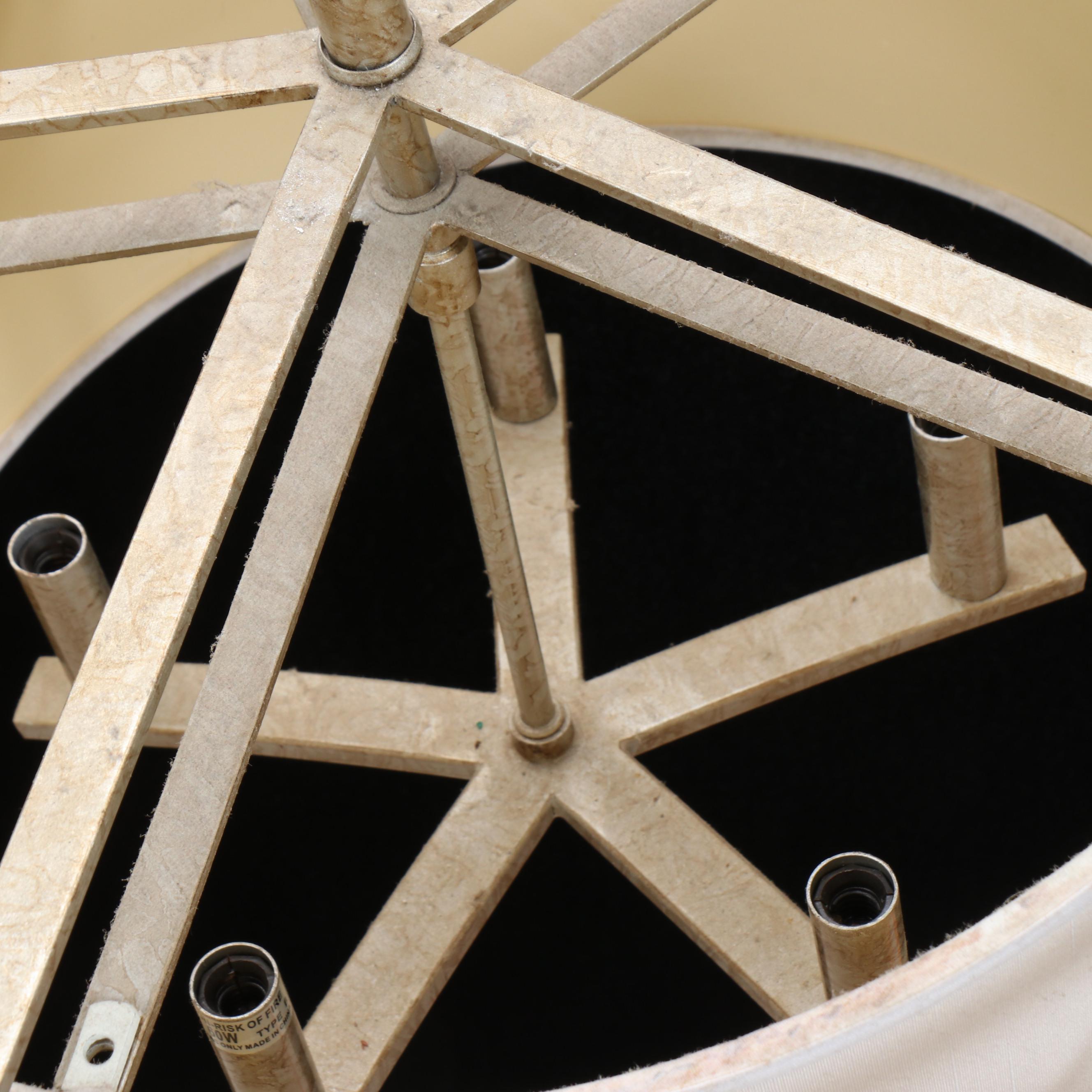 Contemporary Champagne Metal Oval Cagework Pendant with Linen Drum Shade