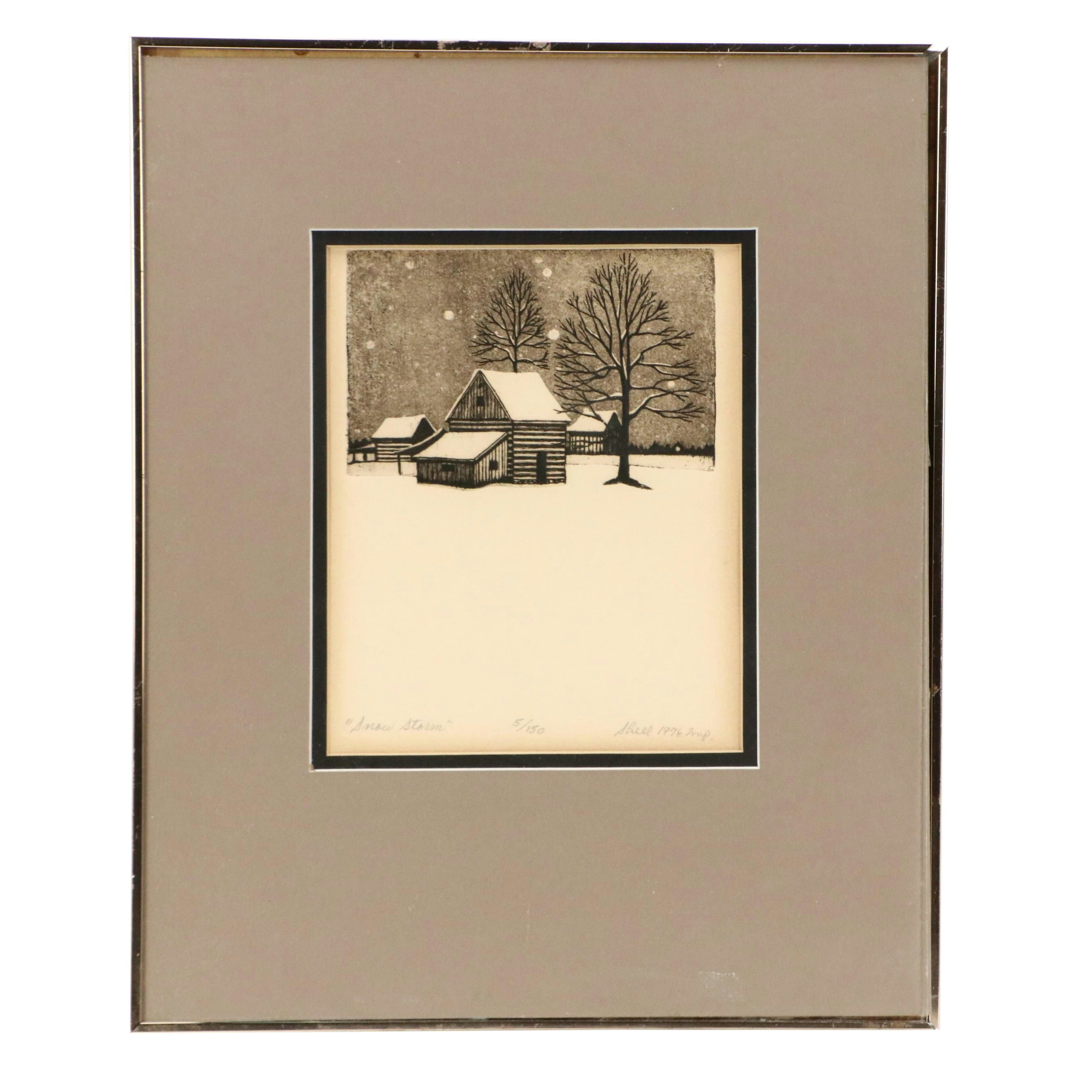 Winter Rural Landscape Etching "Snow Storm," 1976