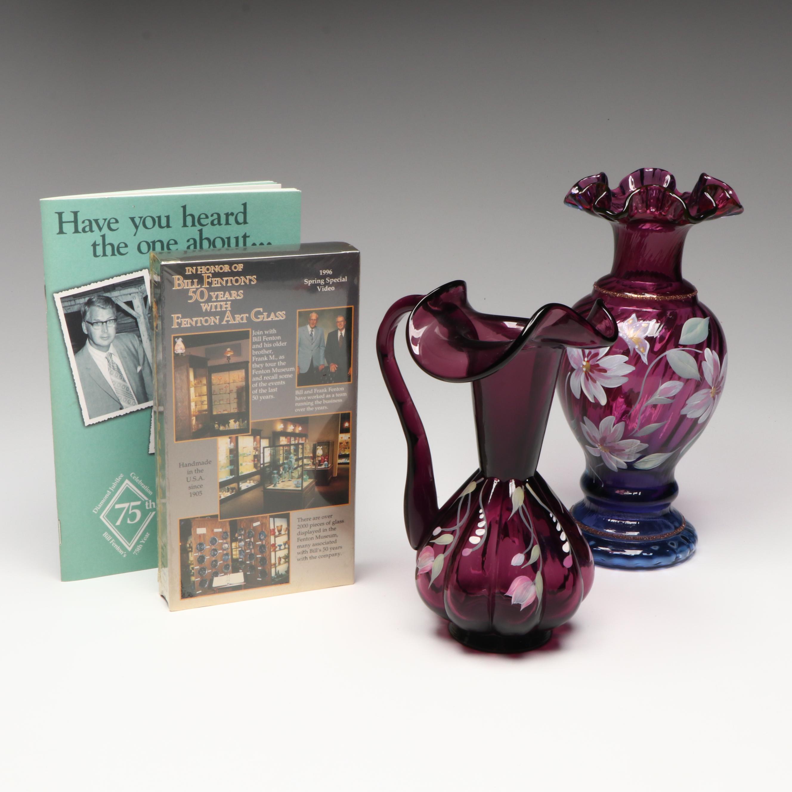 Fenton Hand-Painted Floral Mulberry Glass Vases with Booklet and VHS Tape