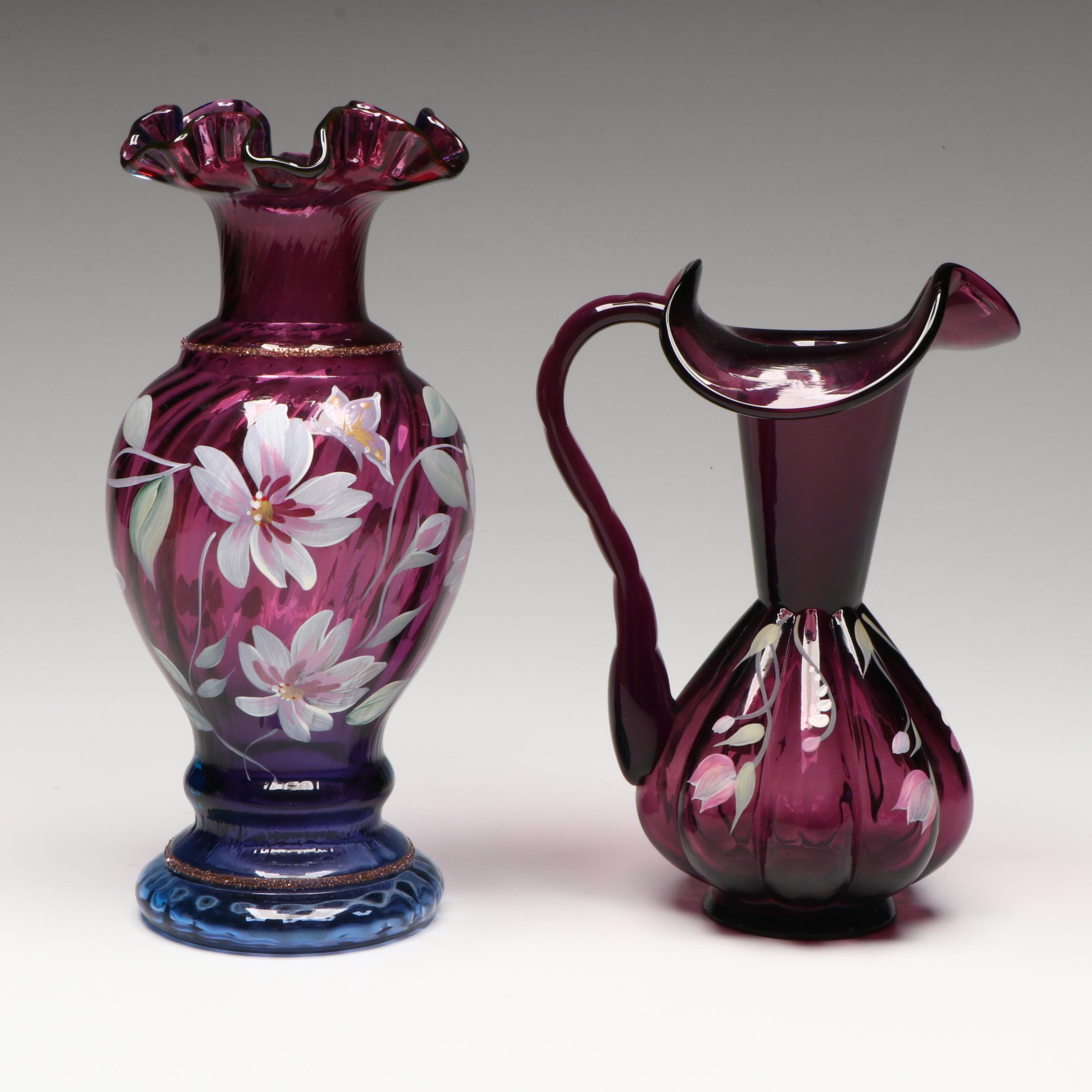 Fenton Hand-Painted Floral Mulberry Glass Vases with Booklet and VHS Tape