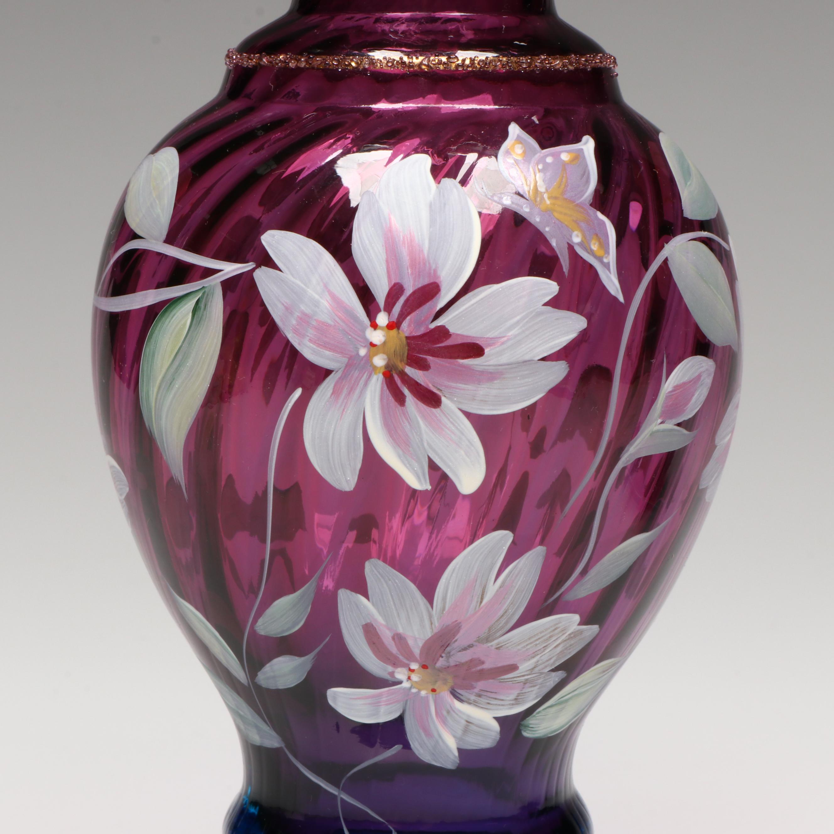 Fenton Hand-Painted Floral Mulberry Glass Vases with Booklet and VHS Tape