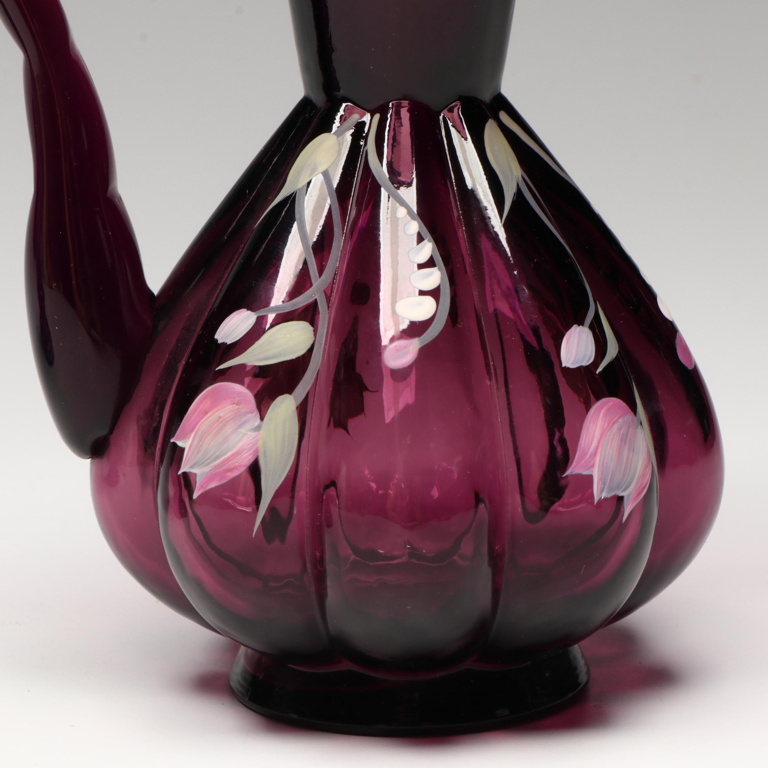 Fenton Hand-Painted Floral Mulberry Glass Vases with Booklet and VHS Tape