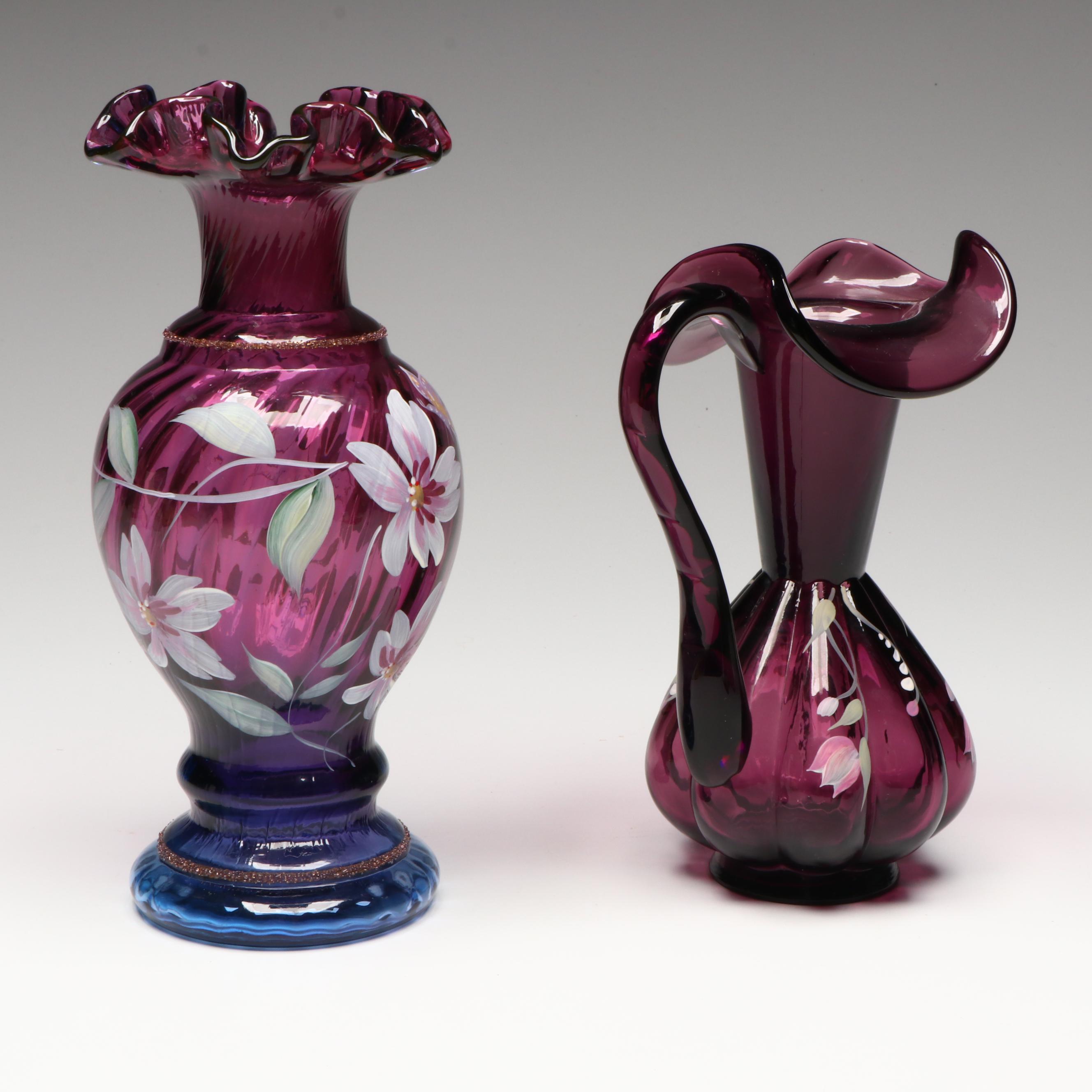 Fenton Hand-Painted Floral Mulberry Glass Vases with Booklet and VHS Tape