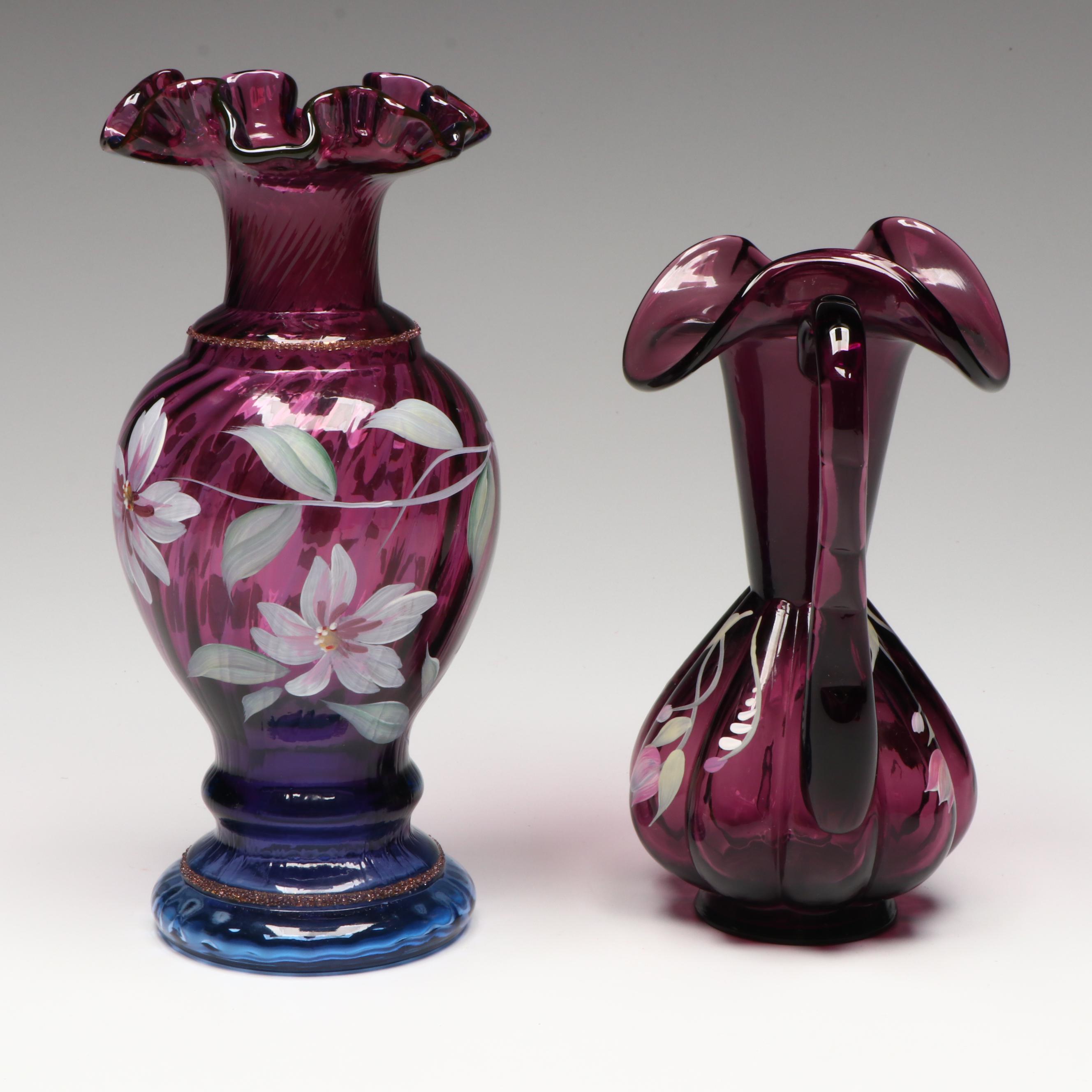 Fenton Hand-Painted Floral Mulberry Glass Vases with Booklet and VHS Tape