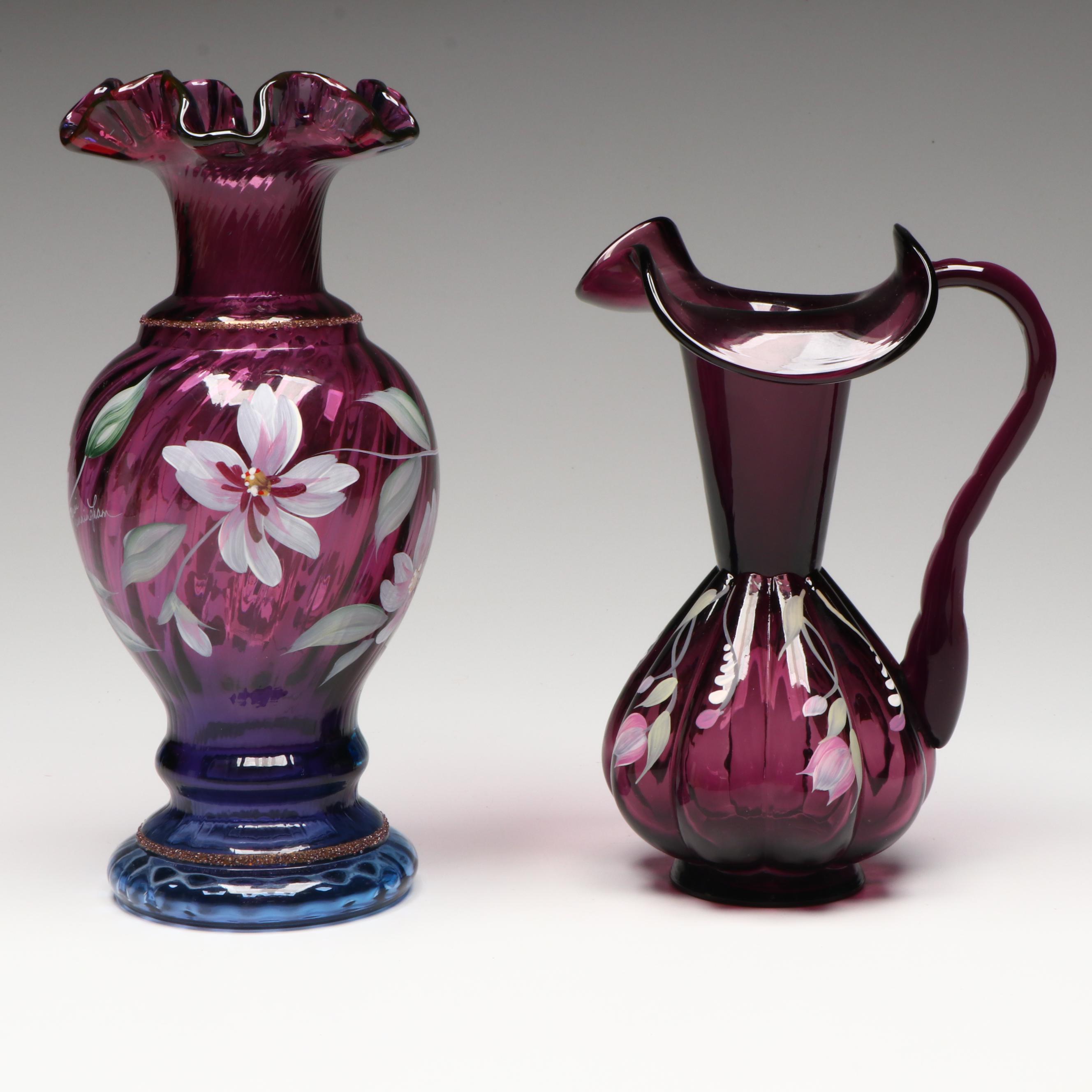 Fenton Hand-Painted Floral Mulberry Glass Vases with Booklet and VHS Tape