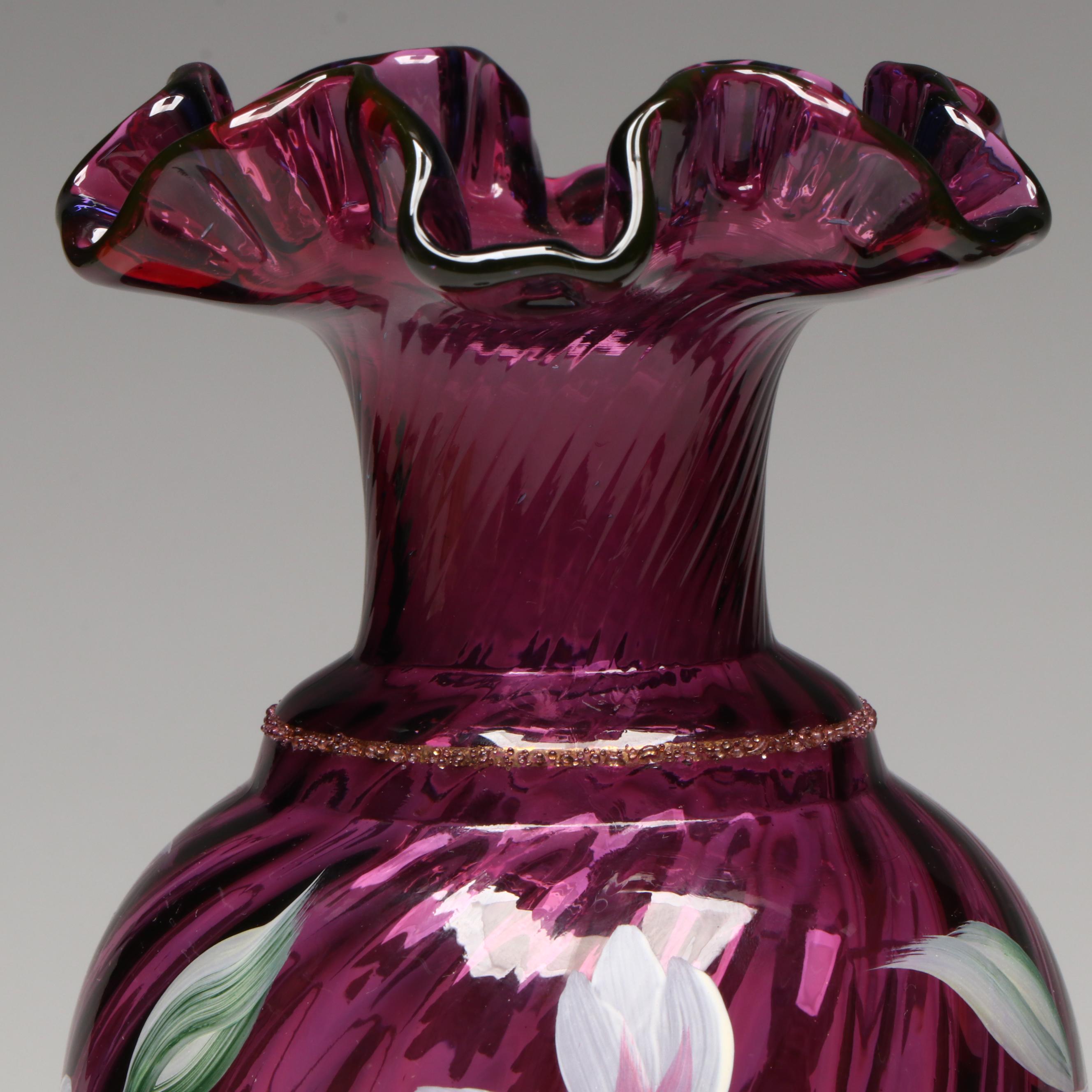 Fenton Hand-Painted Floral Mulberry Glass Vases with Booklet and VHS Tape