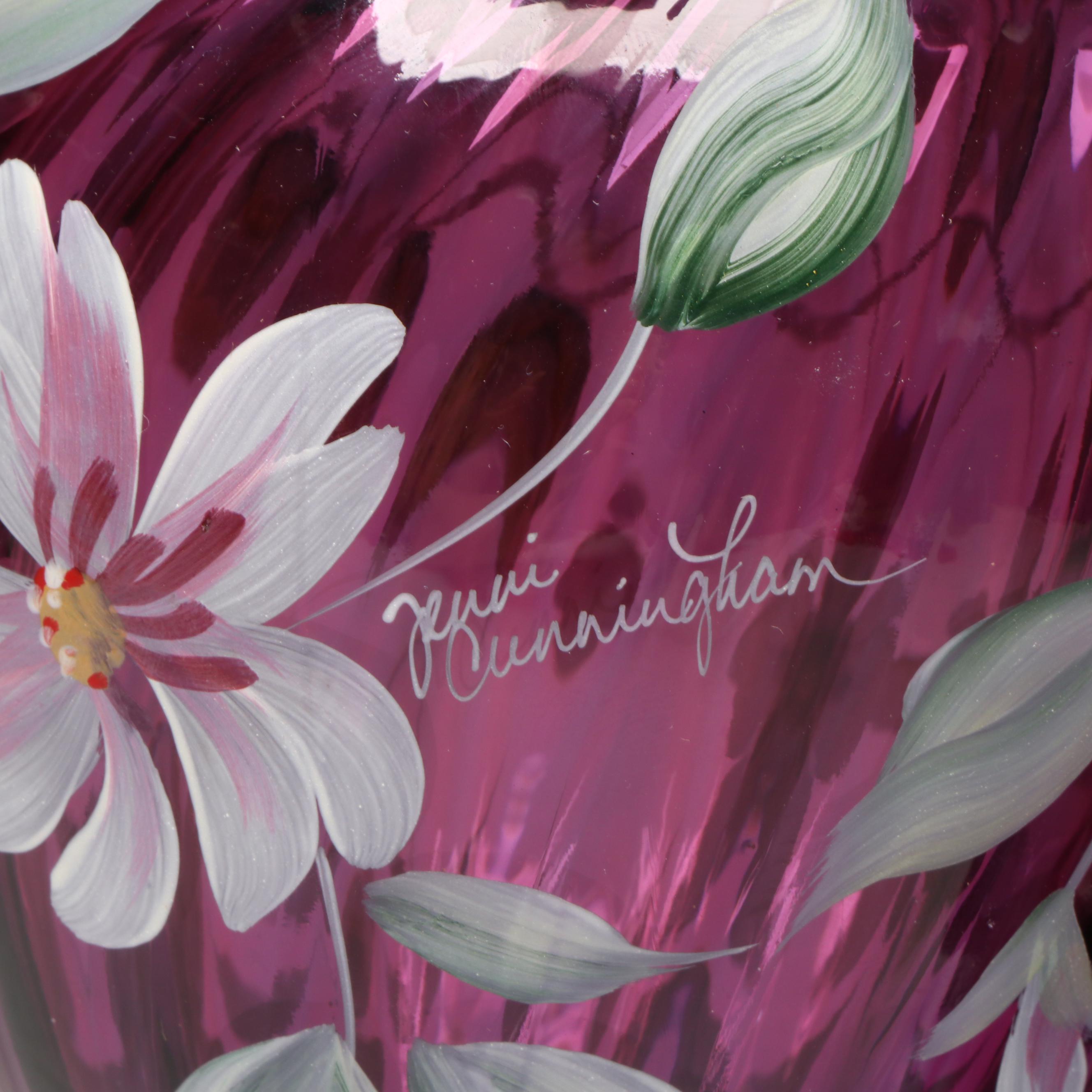 Fenton Hand-Painted Floral Mulberry Glass Vases with Booklet and VHS Tape