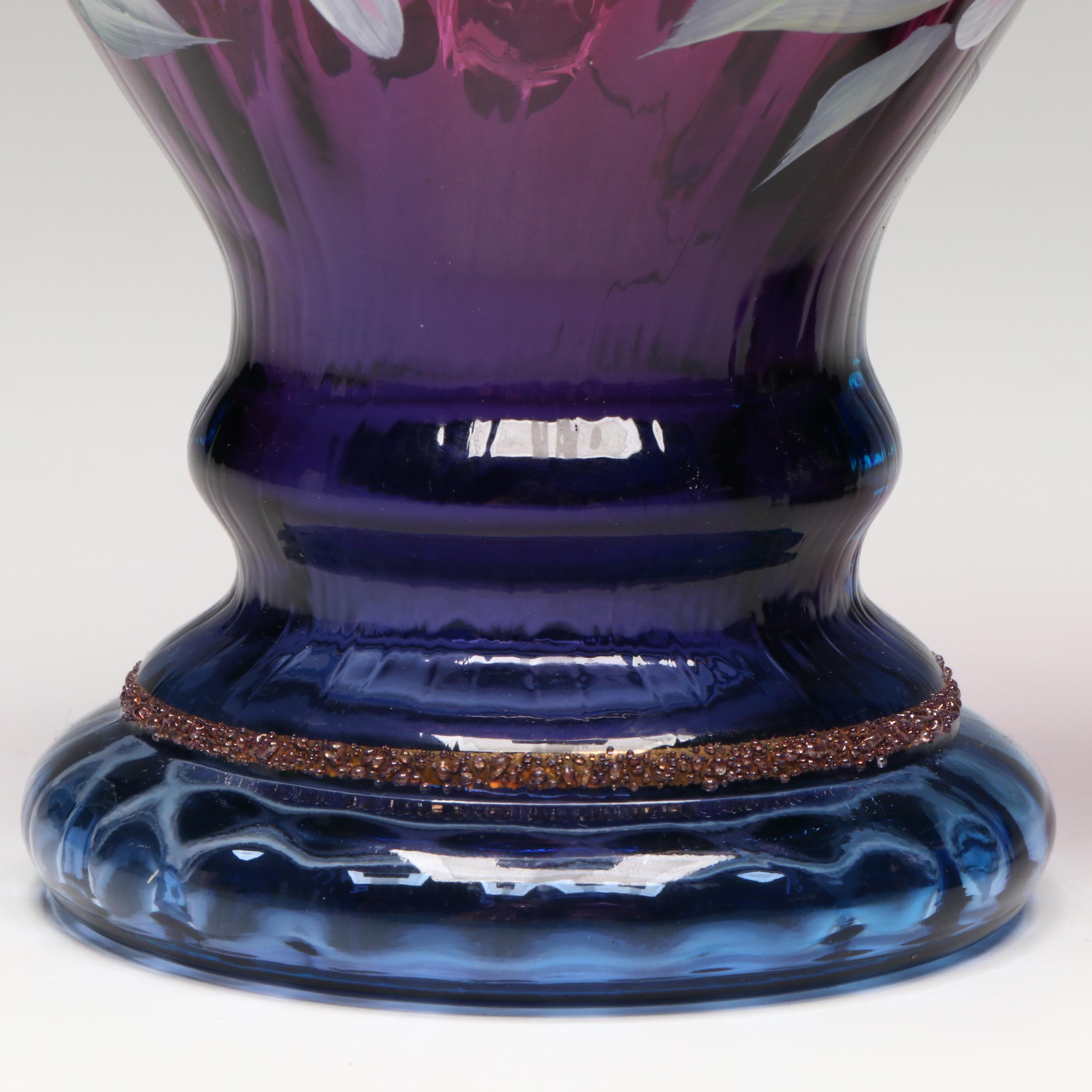 Fenton Hand-Painted Floral Mulberry Glass Vases with Booklet and VHS Tape