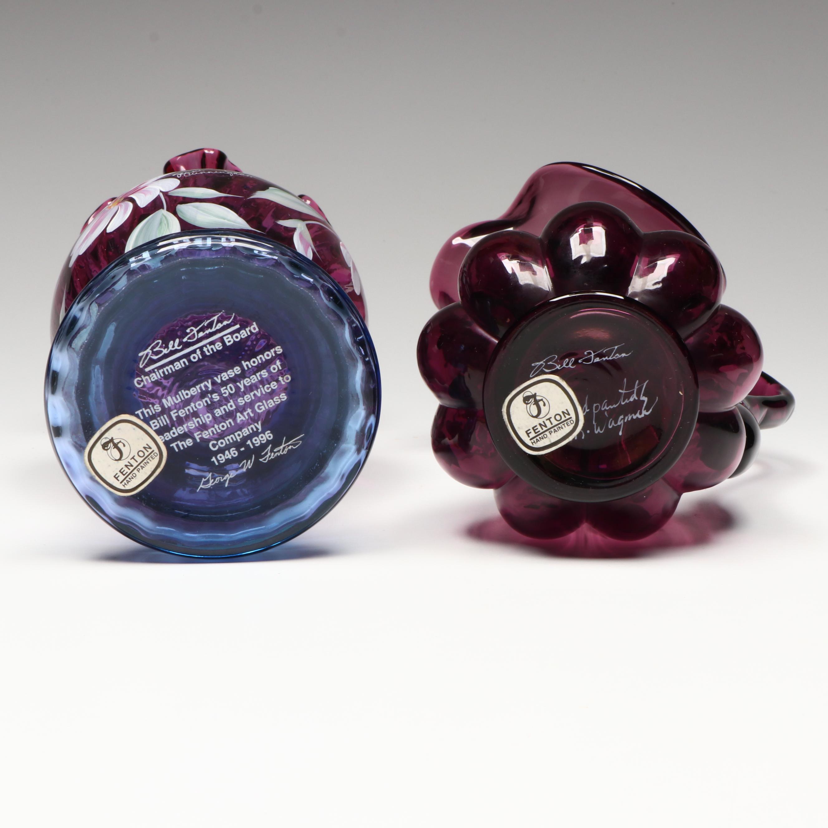 Fenton Hand-Painted Floral Mulberry Glass Vases with Booklet and VHS Tape