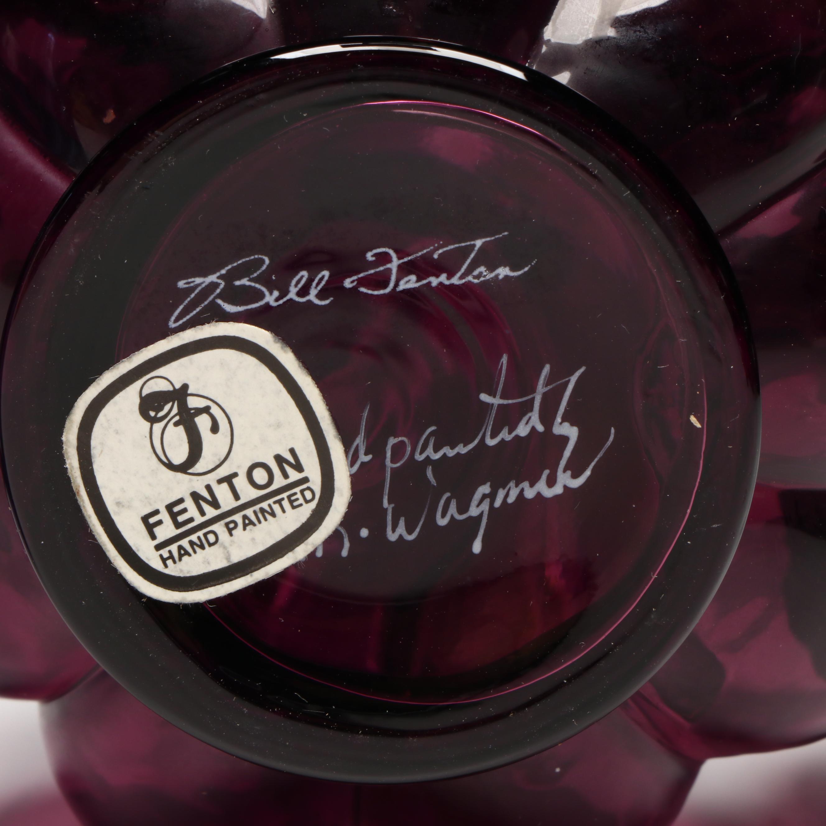 Fenton Hand-Painted Floral Mulberry Glass Vases with Booklet and VHS Tape