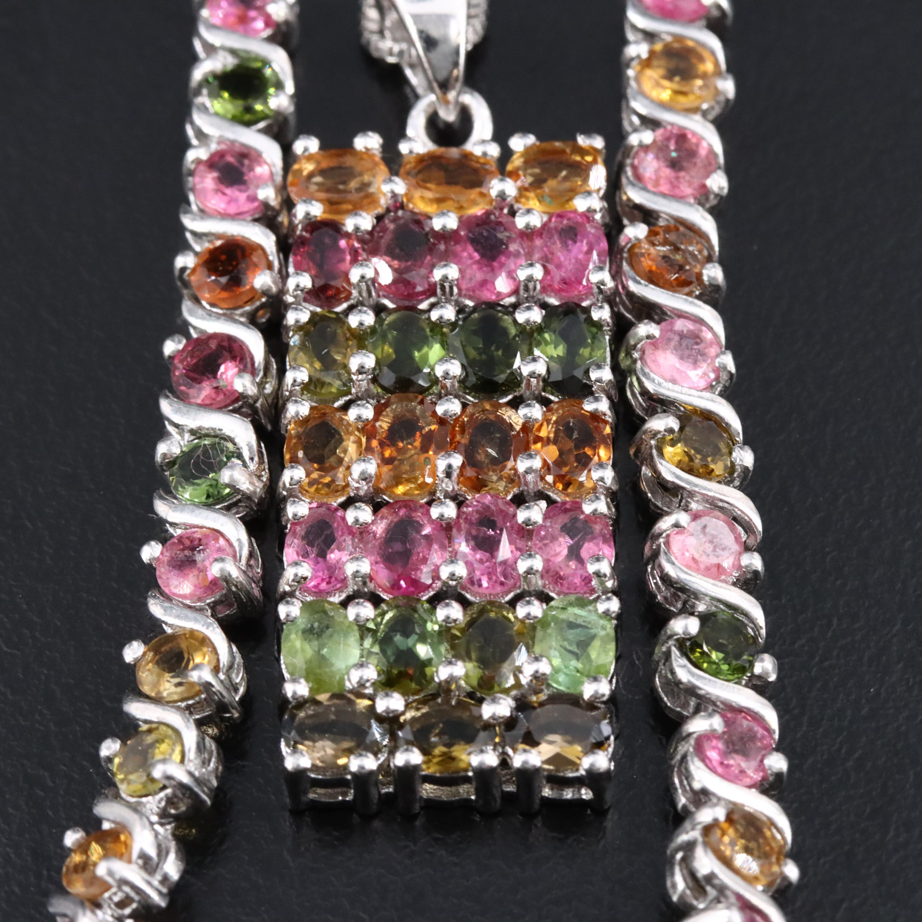 Sterling Tourmaline S-Link Bracelet and Pendant Necklace