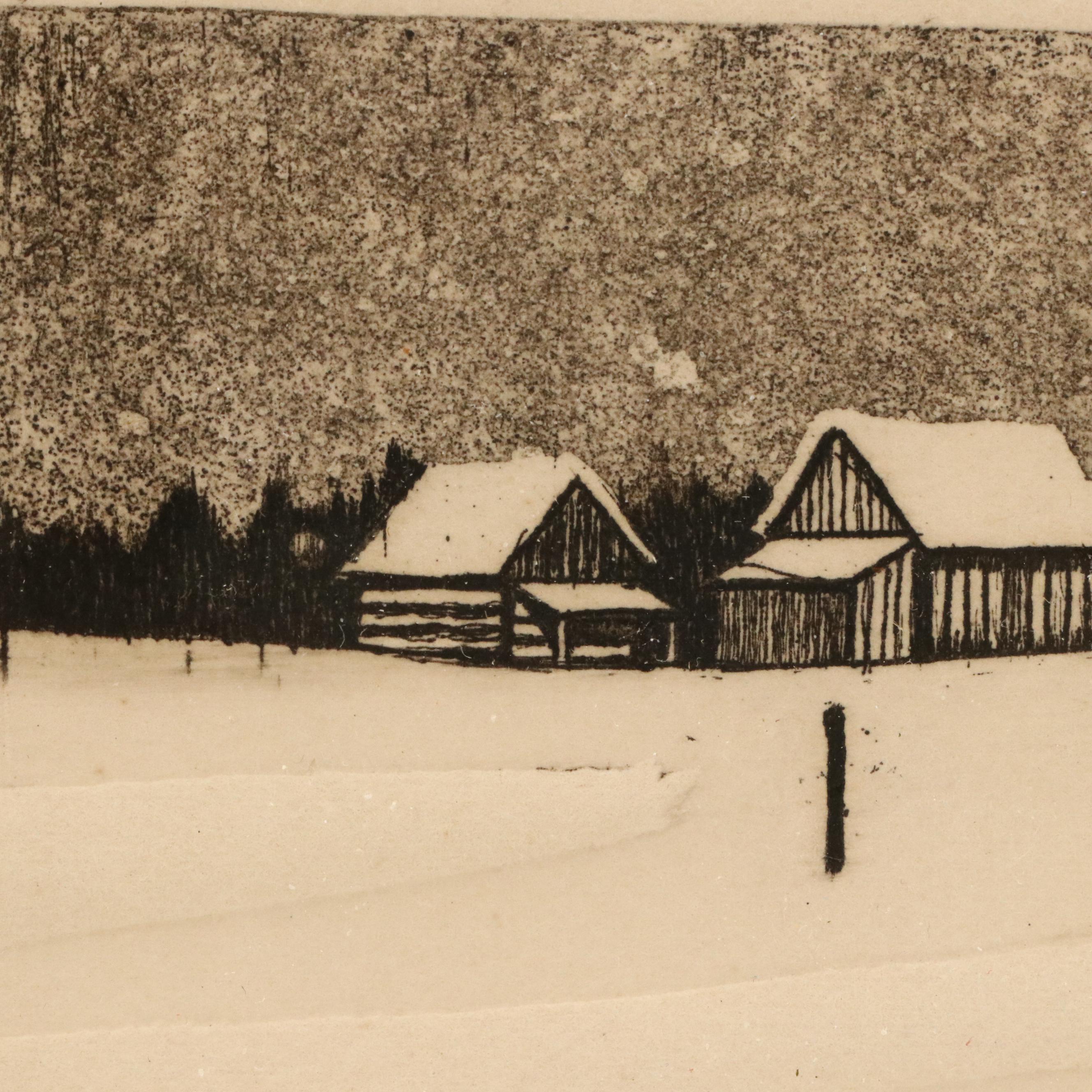 Winter Rural Landscape Embossed Etching "Of Winter's Past," 1976