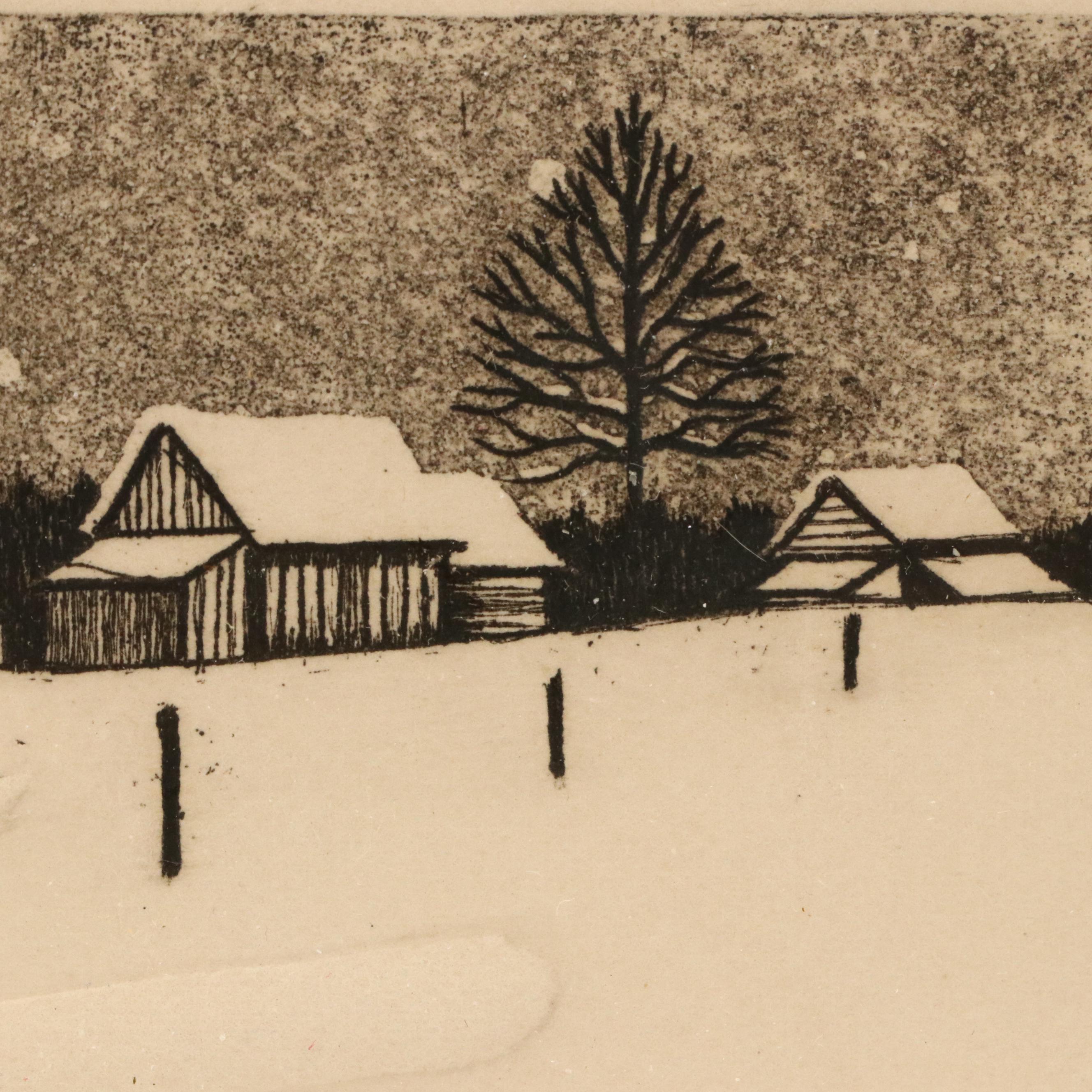 Winter Rural Landscape Embossed Etching "Of Winter's Past," 1976