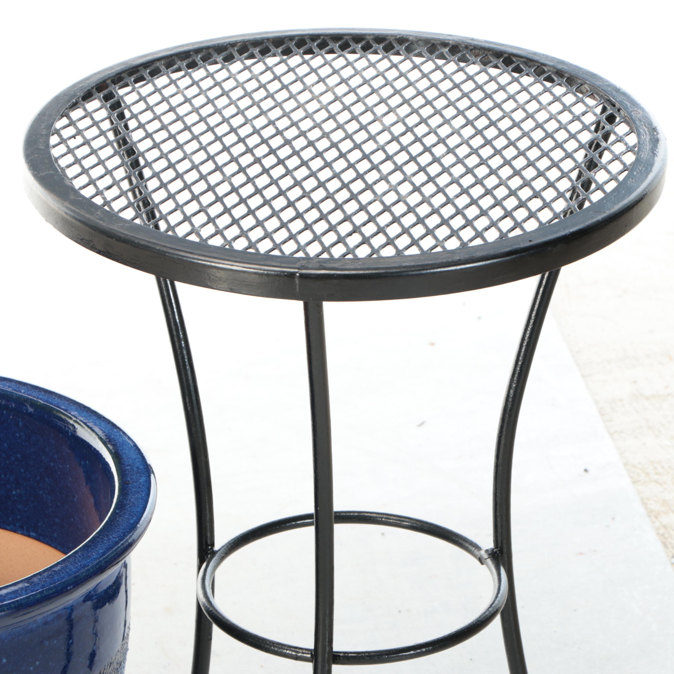 Glazed Ceramic Planter, Wrought Iron Side Table, and Metal Plant Stands