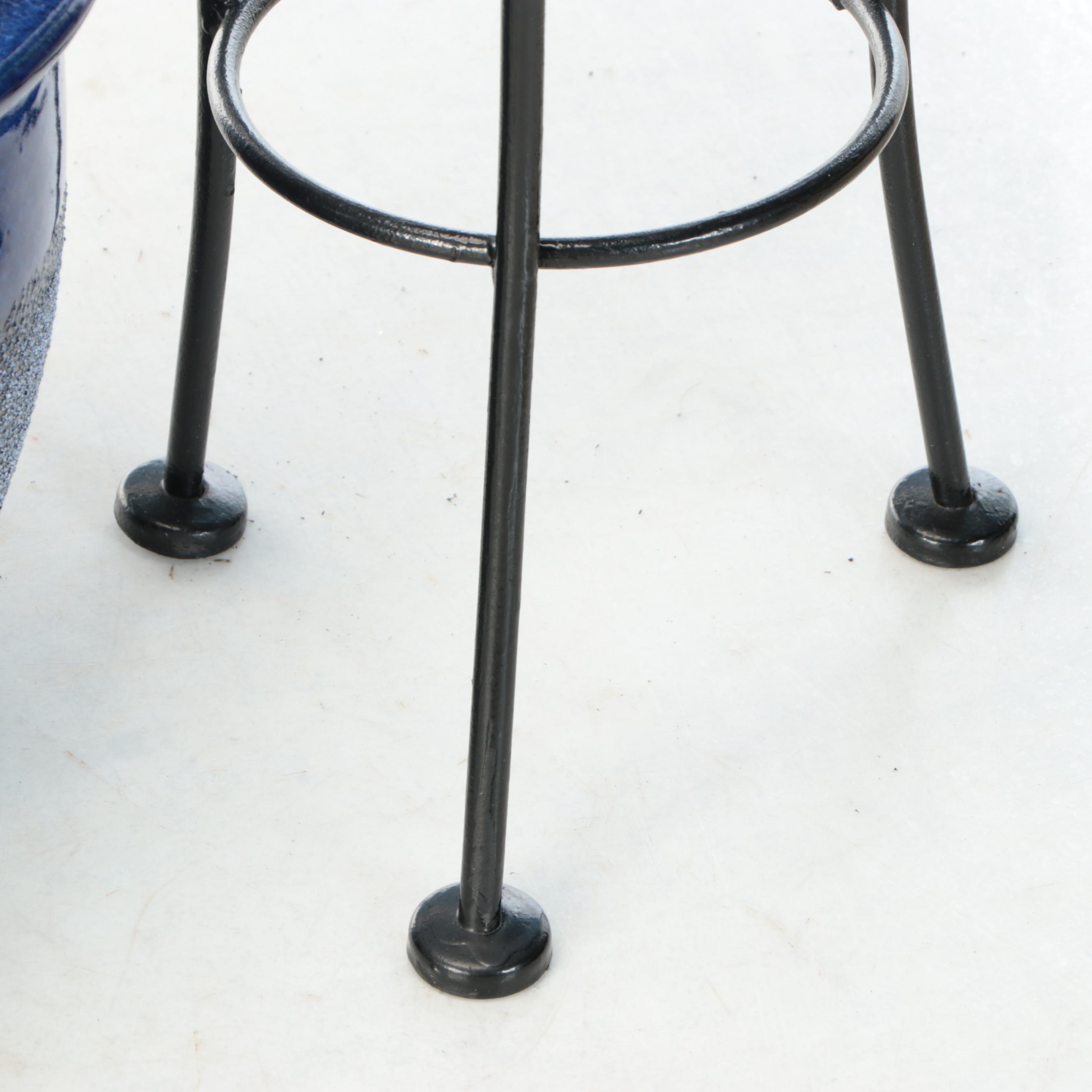 Glazed Ceramic Planter, Wrought Iron Side Table, and Metal Plant Stands