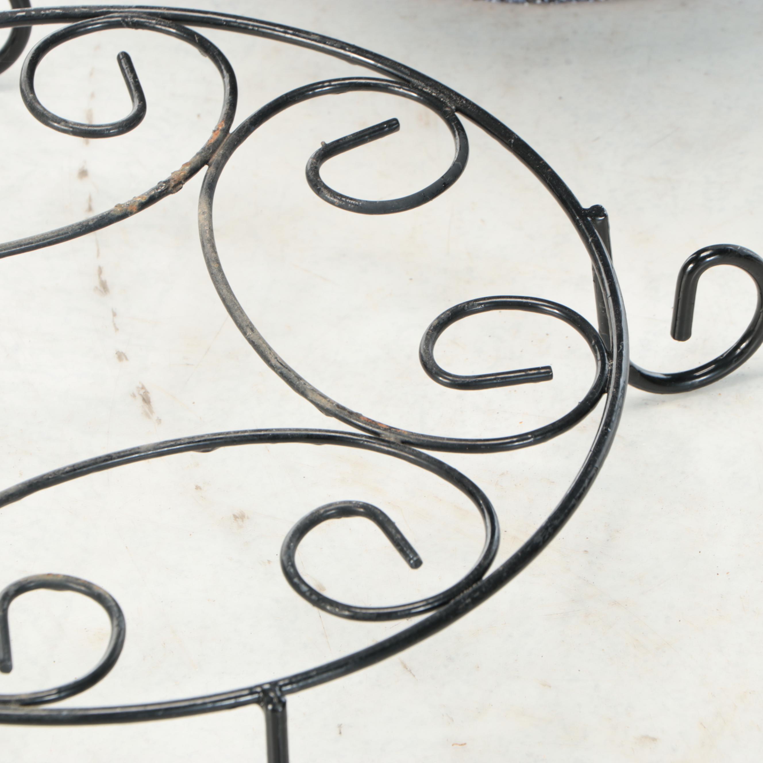 Glazed Ceramic Planter, Wrought Iron Side Table, and Metal Plant Stands