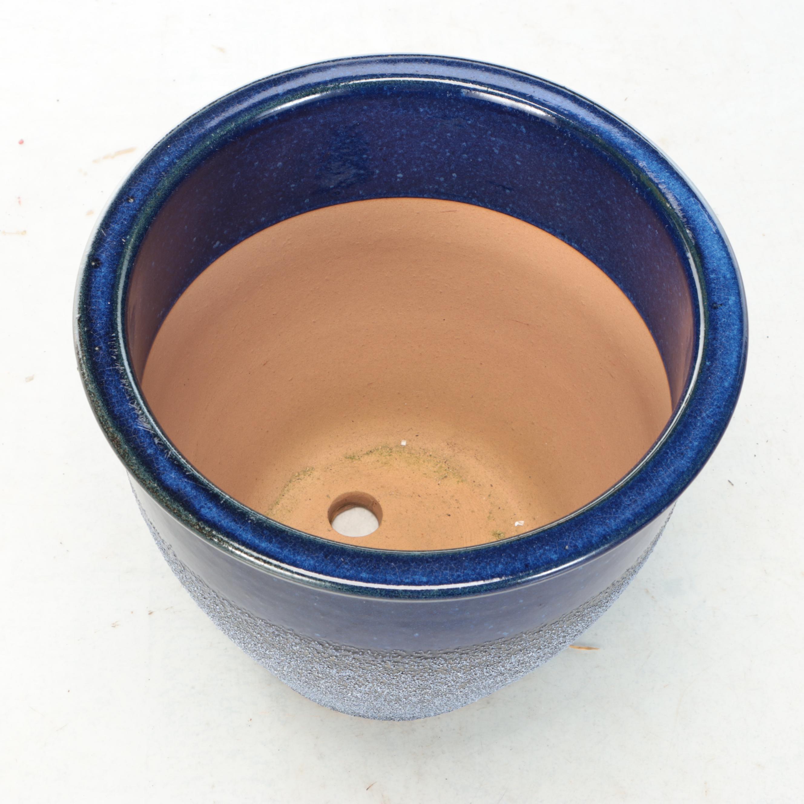 Glazed Ceramic Planter, Wrought Iron Side Table, and Metal Plant Stands